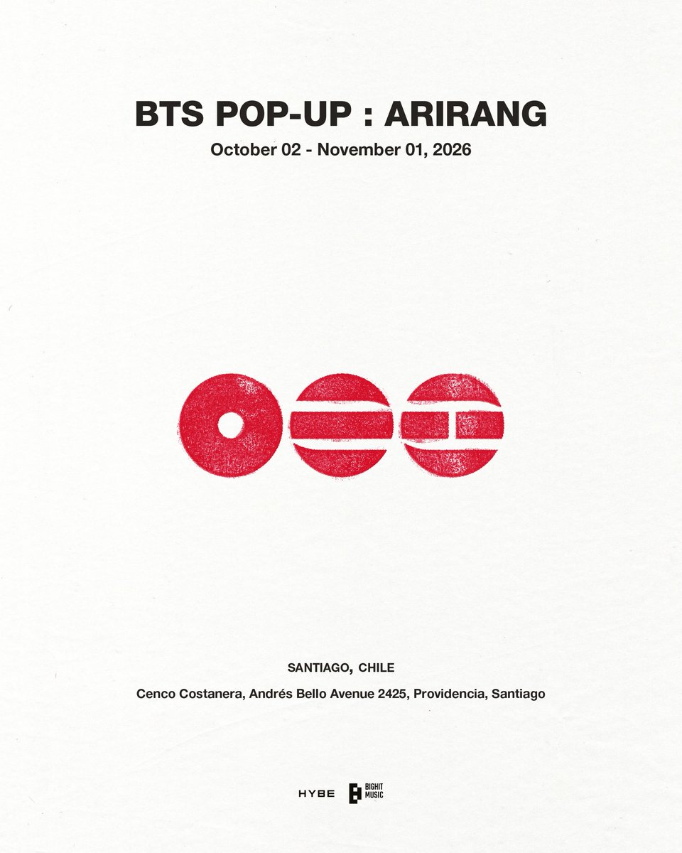 ConcertsChile's tweet photo. 🚨BTS POP-UP: ARIRANG en Chile🚨
📍CENCO COSTANERA 
🗓️Viernes 2 de OCTUBRE 2026/ Jueves 1 NOVIEMBRE 2026

Produce: KONTIGLOBAL https://t.co/6Mv4olxv40