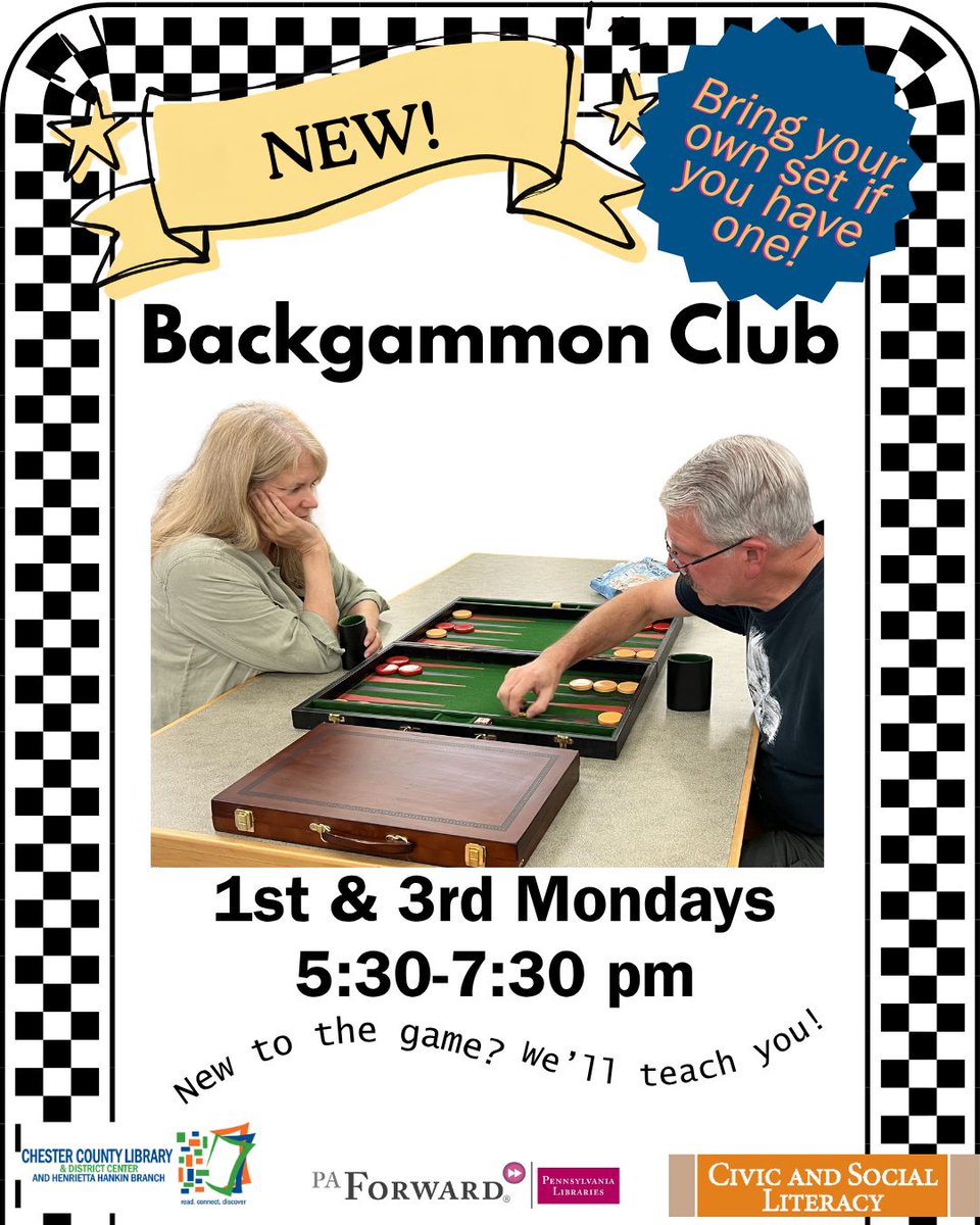 HankinLibrary's tweet photo. Attention backgammon fans! Our club meets the 1st &amp; 3rd Mon. @ the library from 5:30-7:30pm.  
The next get-together is Oct. 5th. If new to the game, sign up at the registration link below. Otherwise, just drop in &amp; bring your own set if you have one.
https://t.co/S7tMgsnHlg https://t.co/Ih8Ka43yAG