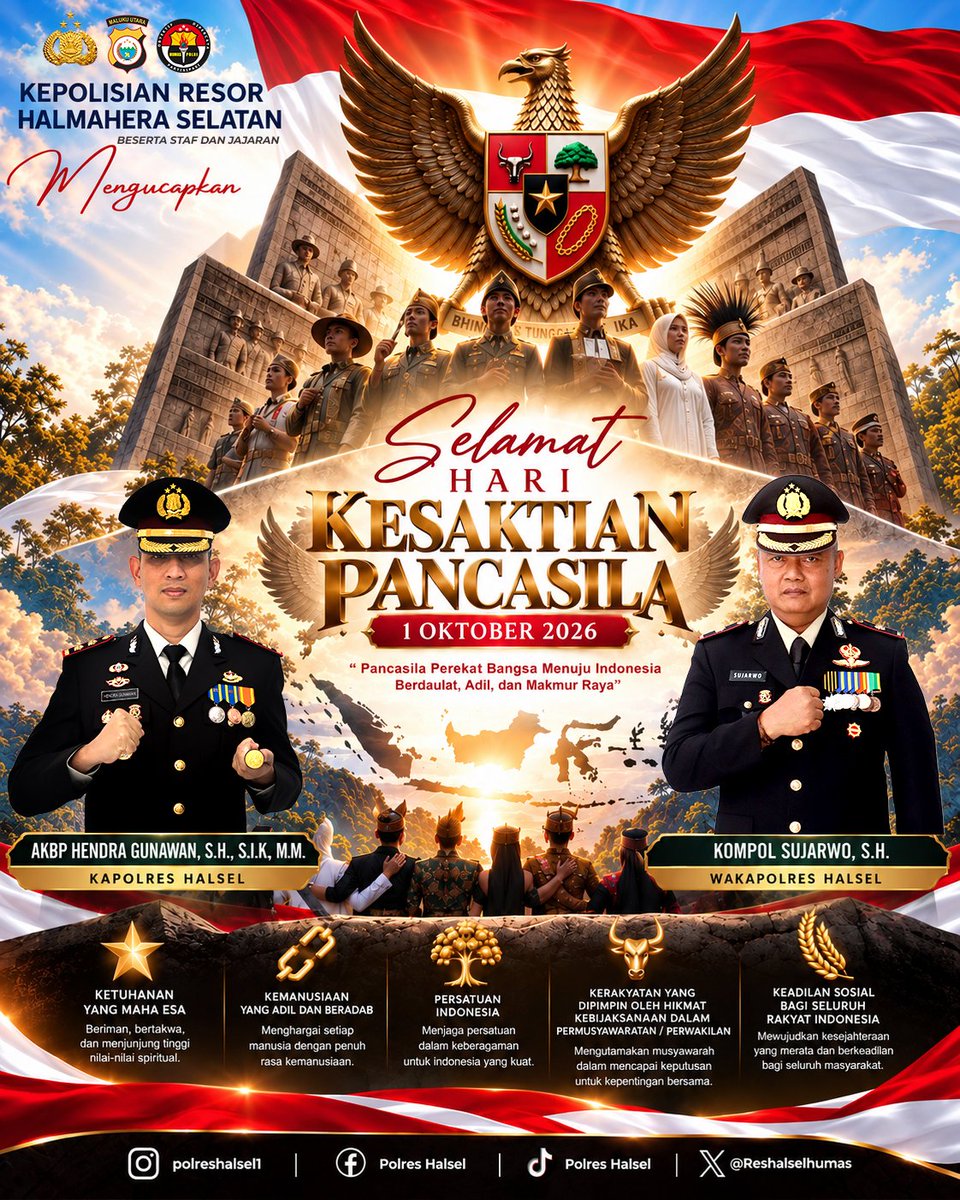 Reshalselhumas's tweet photo. 🇮🇩 SELAMAT MEMPERINGATI HARI KESAKTIAN PANCASILA 🇮🇩

1 OKTOBER 2026

Pancasila Perekat Bangsa Menuju Indonesia Berdaulat, Adil, dan Makmur.

Keluarga Besar Kepolisian Resor Halmahera Selatan mengucapkan Selamat Hari Kesaktian Pancasila, 1 Oktober 2026. https://t.co/eKe8NQP2pO
