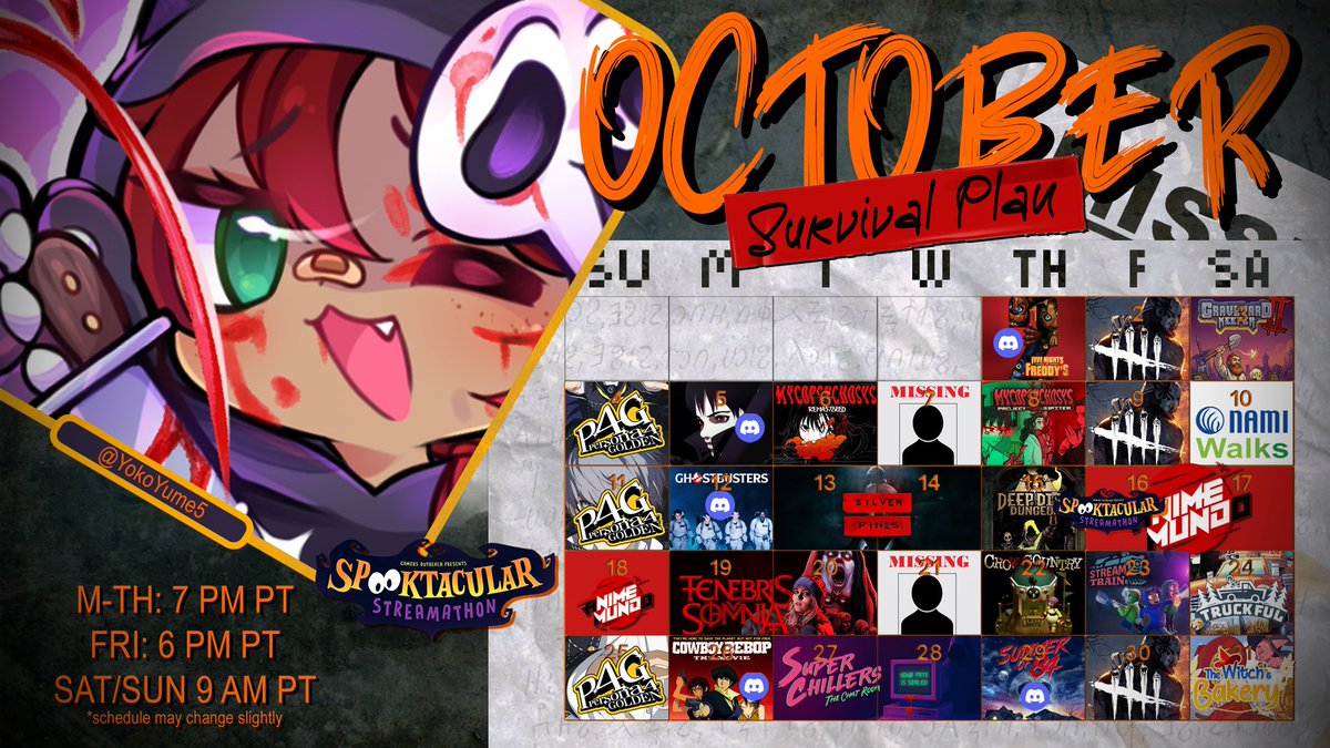 ItsAnEd's tweet photo. An ambitious battle plan for October.  Spooktacular Streamathon starts on the 15th and runs until the end of the month, it is my pleasure and privilege to once again participate for a noble cause.

Schedule may wiggle a bit, so keep an eye on socials for changes.

🎨yokoyume5 https://t.co/mtcorPOSdl