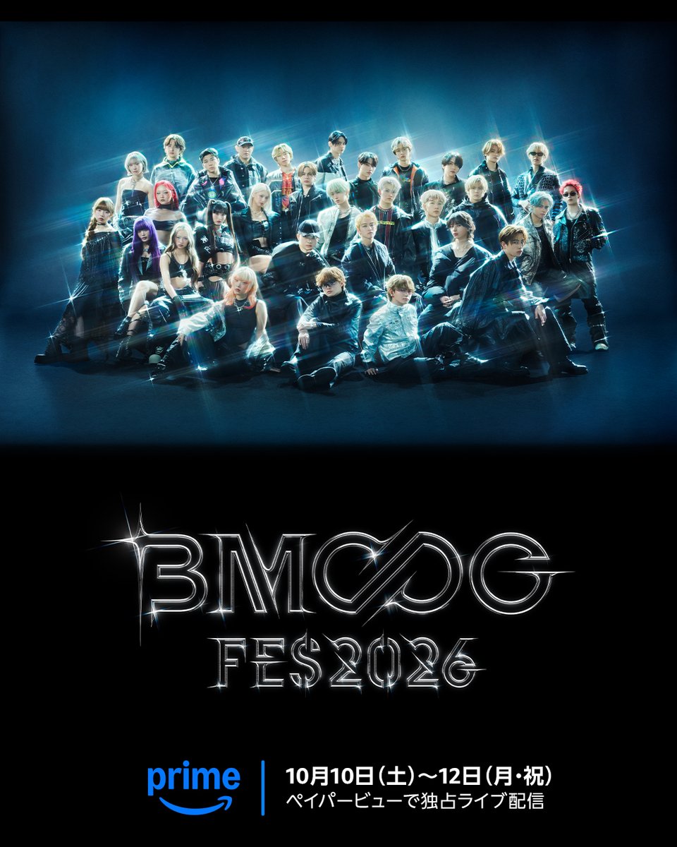 PrimeVideo_JP's tweet photo. #プライムビデオでBMSGFES​
​
━━⚡️今年は3days開催⚡️━━°˖✦︎​
「BMSG FES '26」​
国内限定ライブ配信が決定📢​
✦︎˖°━━━━━━━━━━━━━━━​
​
SKY-HI率いるBMSGが開催する、野外フェス「BMSG FES」。​
今年は3日間にわたり繰り広げられるステージの模様を、​

プライムビデオが国内限定、独占ライブ配信します🙌​
​
10/5(月) 15:00から視聴チケットが販売スタート！​
コンテンツごとに料金を支払うPPV(ペイパービュー)での配信​
プライム会員以外の方もご購入いただけます✨​
​
今回のコンセプトは『THE FUTURE IS YOURS』。​
14組のアーティストによる個性豊かなパフォーマンスに加え、​

奇想天外なコラボレーションも見どころのひとつです💫​
SKY-HIによる趣向がちりばめられた3日間をお見逃しなく！​
​
#BMSGFES #BMSG #プライムビデオ