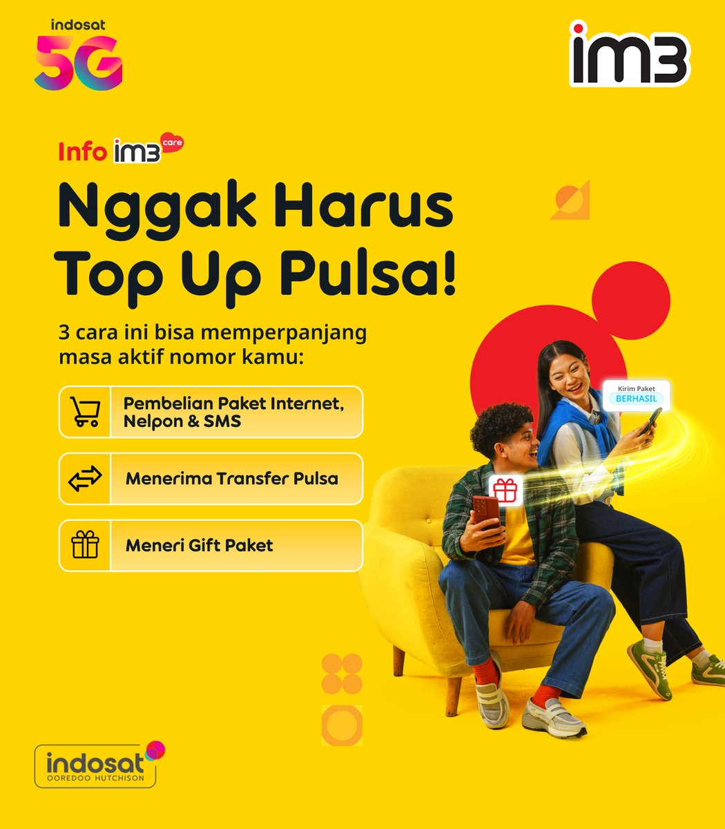 CareIM3's tweet photo. Ada cara lain buat bantu perpanjang masa aktif nomor IM3 kamu. 
Jadi, nggak perlu bingung kalau masa aktif mulai mendekati akhir 😆📱

Yuk cari tahu caranya, #SahabatBaikku 💛 https://t.co/CKpjdBPW8t