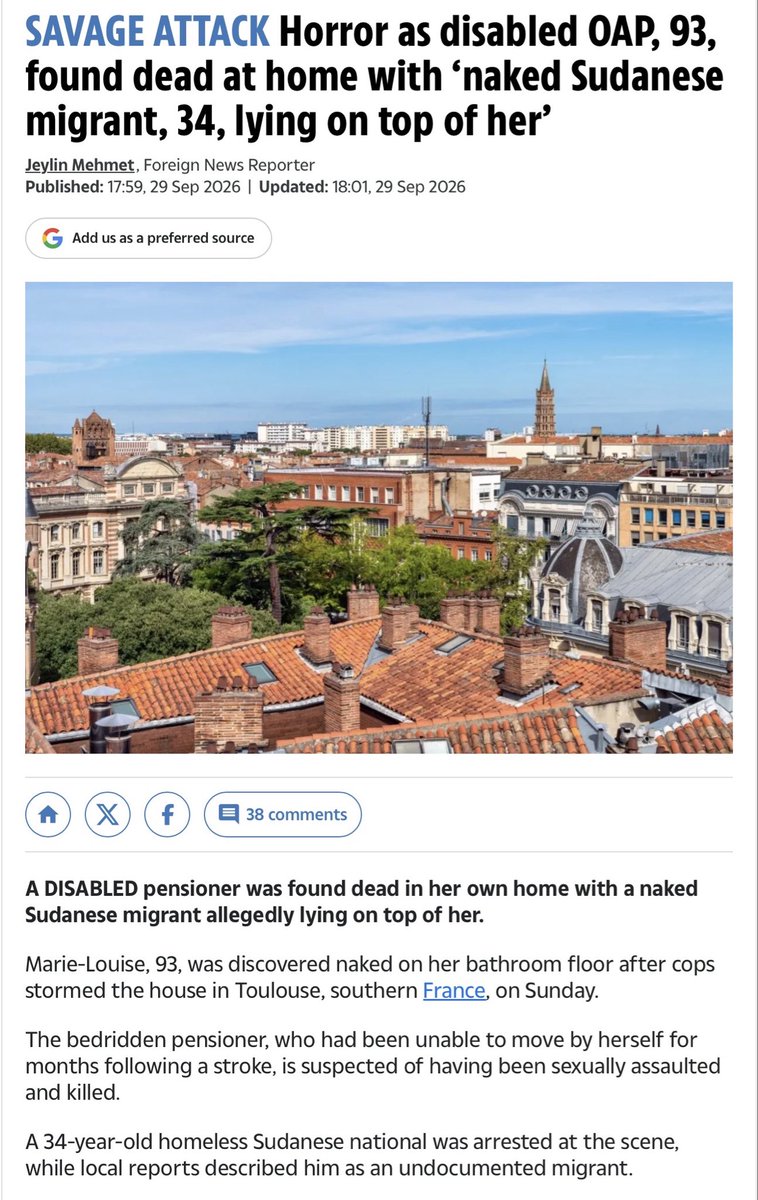 KillAuDeepState's tweet photo. An undocumented Sudanese immigrant raped and murdered a 93 year old disabled French pensioner.

No doubt the MSM will be lecturing us that this was always routine in the West and not a new phenomenon.

You can’t hate politicians enough. https://t.co/iq915O2ZyS