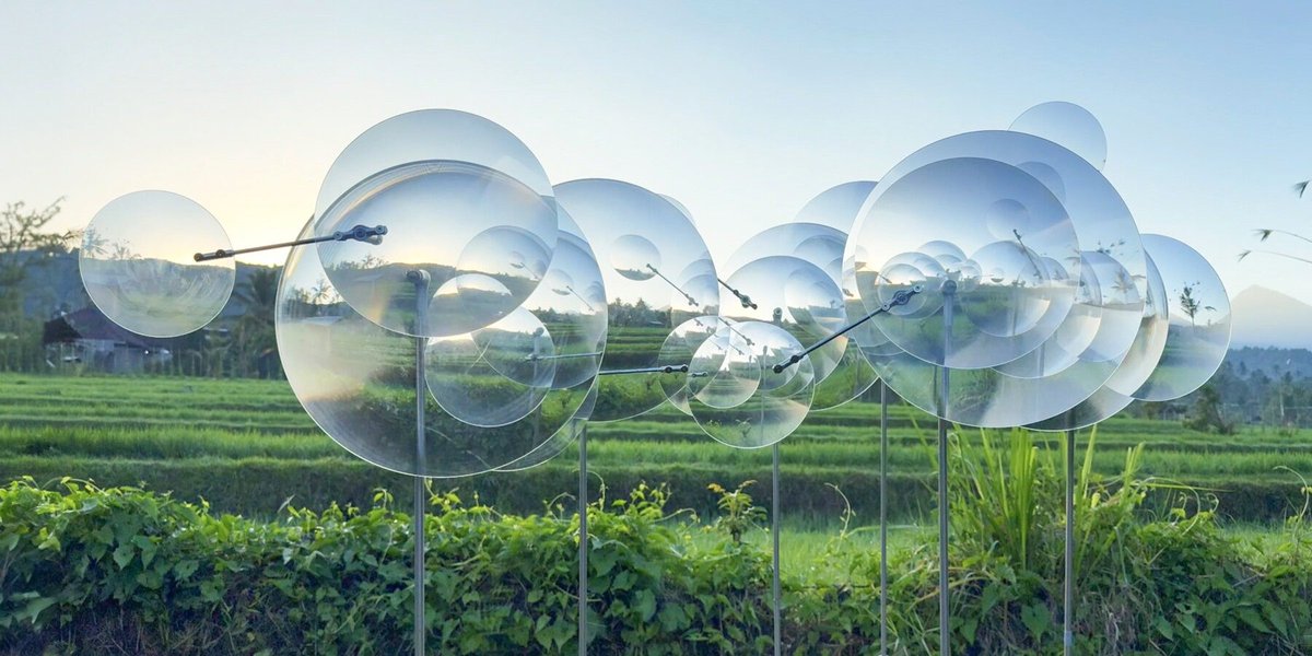 designboom's tweet photo. a giant constellation of light moves across the landscape of bali.

french artist vincent leroy uses dozens of fresnel lenses to slowly shift, refract, and scatter sunlight across the landscape, creating an ever changing play of light and shadow.
https://t.co/knIdUIOAad https://t.co/2k82x3vDDg