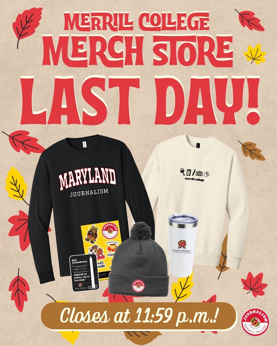 merrillcollege's tweet photo. Only a FEW HOURS LEFT to put in your orders for the Merrill College Fall Merch Store!

From sweatshirts to polos, rain gear and some fun accessories, the merch store has exactly what you need to represent being #merrillmade!

This is the ONLY full merch store this academic year, so get yours before it's too late.

Store CLOSES at 11:59 p.m. TONIGHT! Order at https://t.co/A1aCfbjv8I #fearlessjournalism