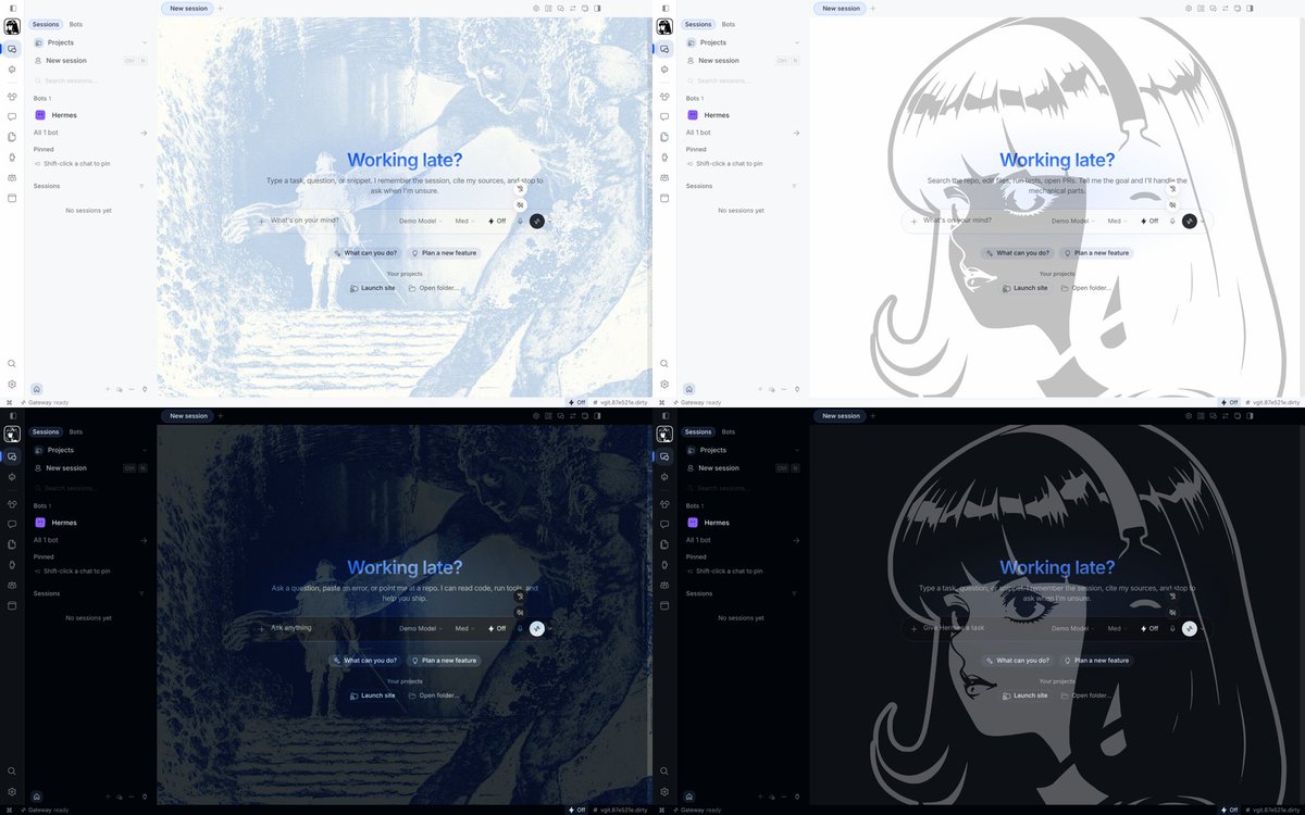 DecruxR's tweet photo. Nous art as chat backgrounds in the Hermes desktop app 🖤 light and dark mode. What should I add next? @NousResearch @Teknium https://t.co/MsLPfCVYUi