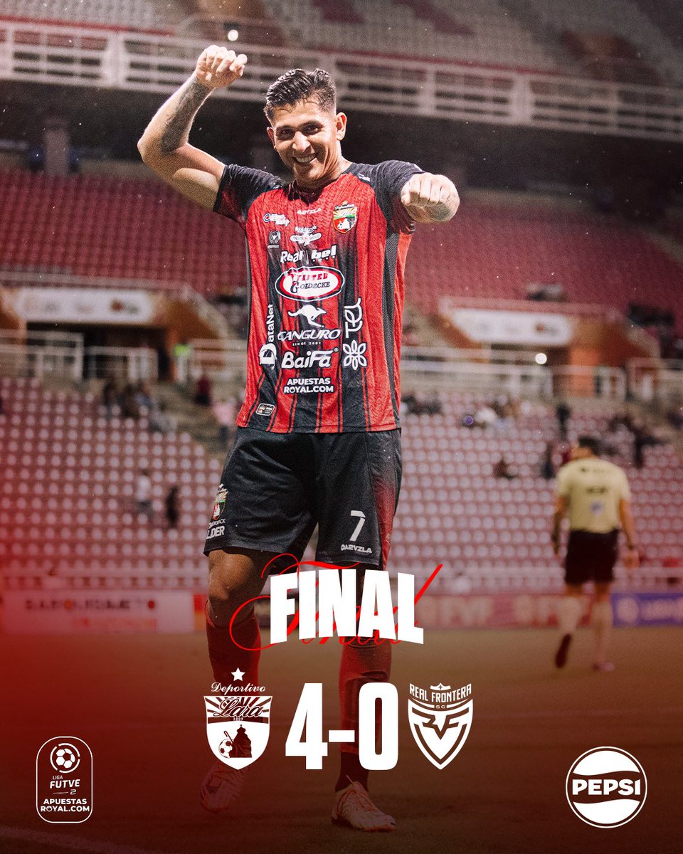 DeportivoLara's tweet photo. 𝑹𝒆𝒔𝒖𝒍𝒕𝒂𝒅𝒐 𝑭𝒊𝒏𝒂𝒍

Deportivo Lara 4️⃣ - 0️⃣ Real Frontera

⚽️ Joel Cáceres 21’
⚽️ Mario Álvarez  58’
⚽️ Ronaldo Peña 68’
⚽️ Raudy Guerrero 86’

Presentado por: @PepsiVEN_  ¡Atrévete a más!

#DeportivoLara #SiesDEPORVida https://t.co/ecoJfZUc0c