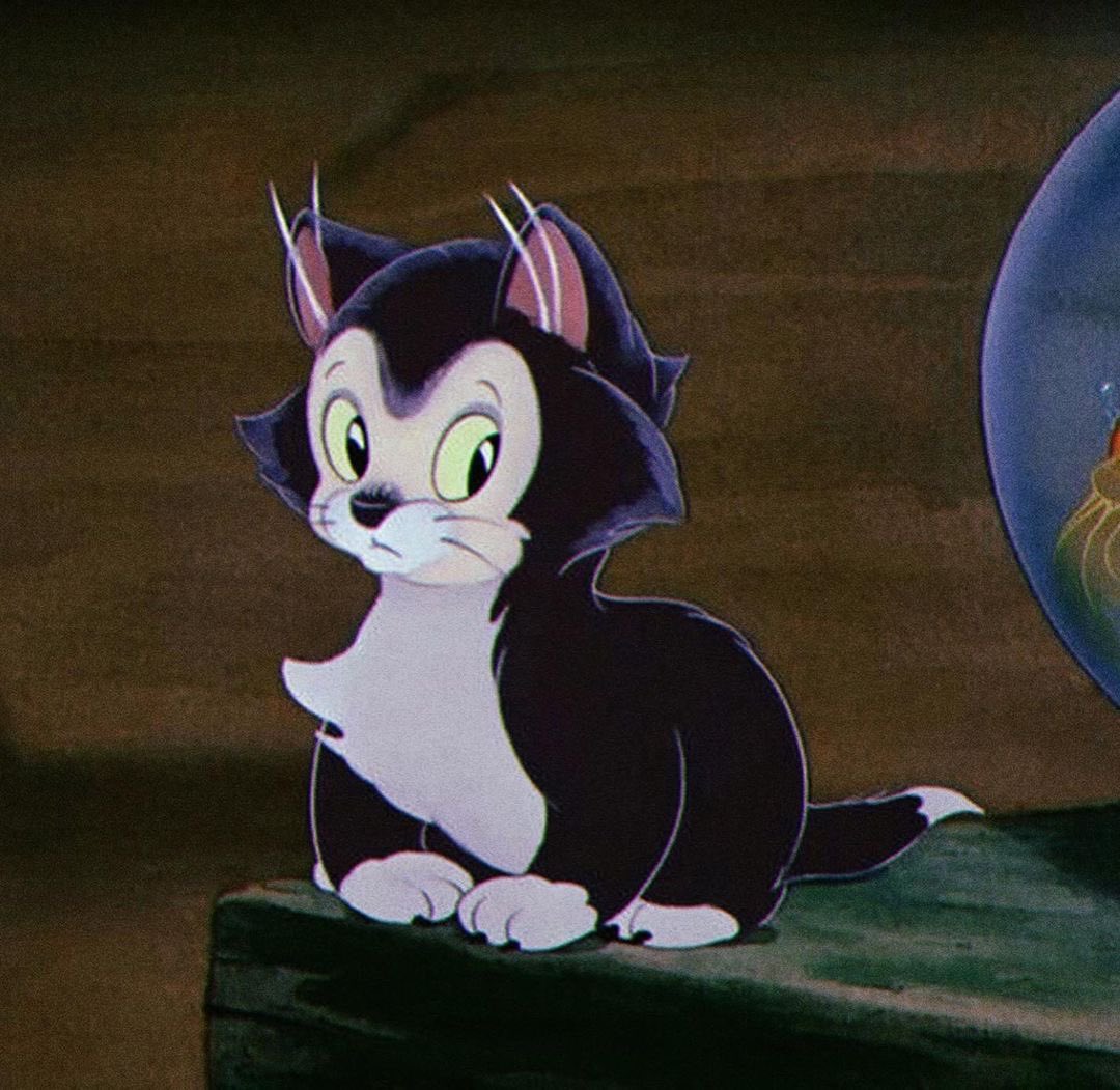 judeykat's tweet photo. cats in media! this is figaro, he is based off the tuxedo cat. he debuted in 1940 in disneys pinocchio. he was walt disneys favorite character in the film and later became minnie mouse's pet replacing her dog, fifi. he also has a few solo cartoon shorts! :) https://t.co/yLDZA3v6Ni