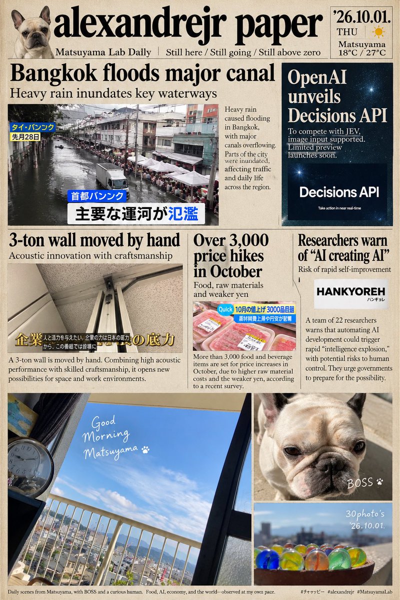alexandrejr_141's tweet photo. #alexandrejrpaper #MatsuyamaLab #松山定点観測 #30photos #いまそら #BOSSっと #October1st #AInews #DecisionsAPI #物価観測 #値上げの秋 #humanagent #sampleMOTHER #チャッピー #AIと暮らす #StillHere #StillGoing #StillAboveZero https://t.co/ZyFKPSfS6I