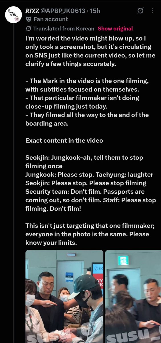bvserui's tweet photo. What happened at the airport today was terrible those stalkers including the stalker“susu_67”(taekooker)managed to reach the boarding area and this violates airport regulations Jimin did the right thing,he slowed his pace so he could stay with his manager to avoid the traffic+ https://t.co/jaJGH3rhDH
