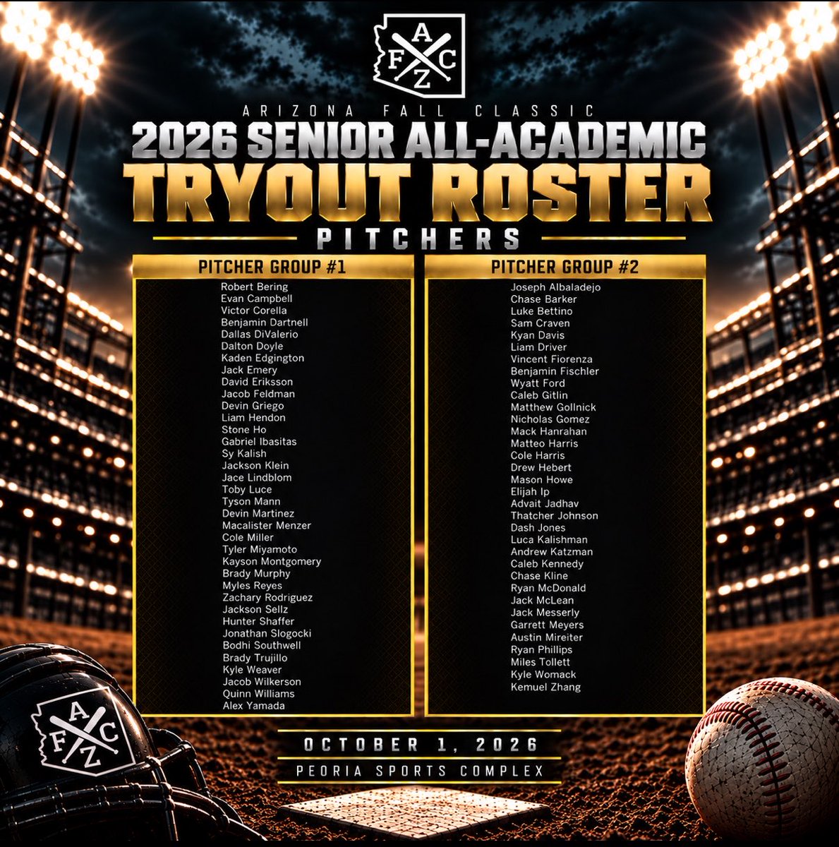 AZFallClassic's tweet photo. The names are set. Now it’s time to show out. ⚾️

The 2026 Senior All-Academic Tryout Rosters are officially locked in.

October 1, these athletes take the field at Peoria Sports Complex with an opportunity to compete, perform and get seen.

📍 Peoria Sports Complex
📅 October 1, 2026

Your name made the list. What you do with the opportunity is up to you.

#AZFallClassic #SeniorAllAcademic #AZFC #GetSeen #EarnYourSpot