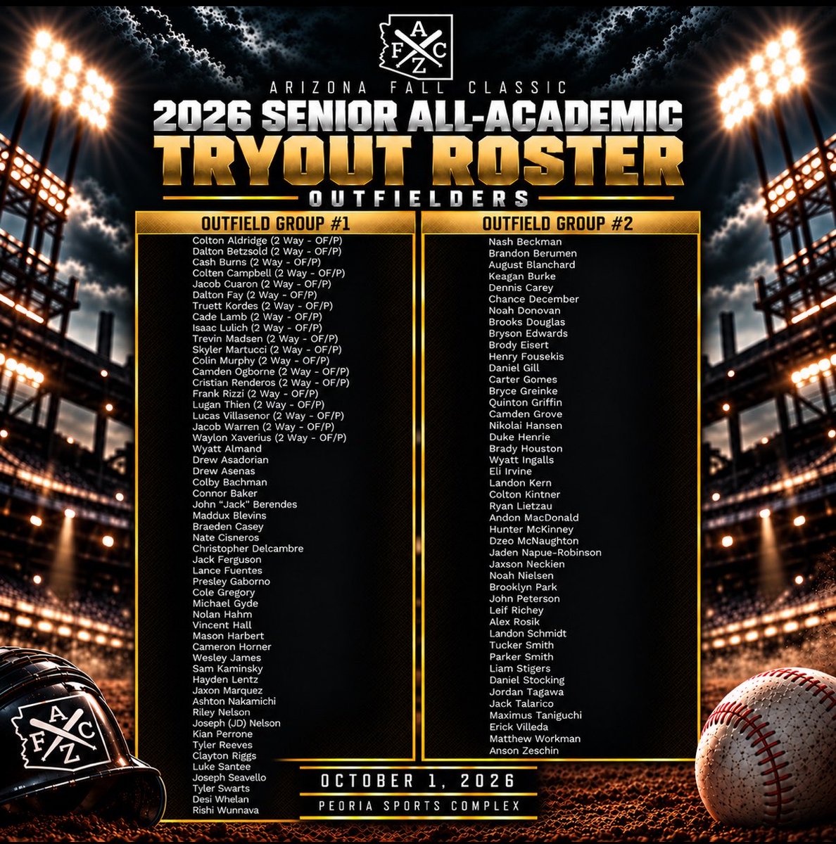 AZFallClassic's tweet photo. The names are set. Now it’s time to show out. ⚾️

The 2026 Senior All-Academic Tryout Rosters are officially locked in.

October 1, these athletes take the field at Peoria Sports Complex with an opportunity to compete, perform and get seen.

📍 Peoria Sports Complex
📅 October 1, 2026

Your name made the list. What you do with the opportunity is up to you.

#AZFallClassic #SeniorAllAcademic #AZFC #GetSeen #EarnYourSpot