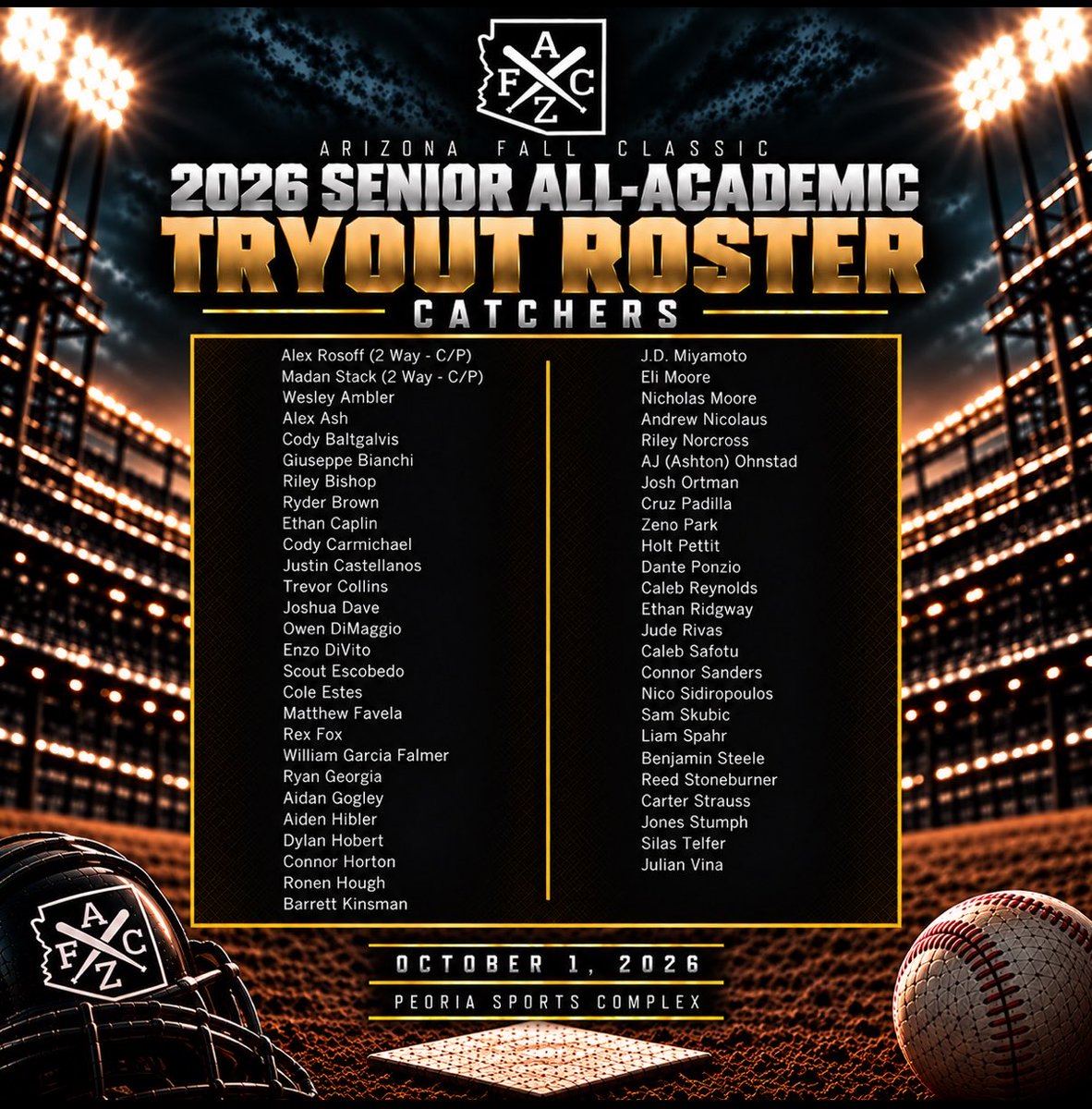 AZFallClassic's tweet photo. The names are set. Now it’s time to show out. ⚾️

The 2026 Senior All-Academic Tryout Rosters are officially locked in.

October 1, these athletes take the field at Peoria Sports Complex with an opportunity to compete, perform and get seen.

📍 Peoria Sports Complex
📅 October 1, 2026

Your name made the list. What you do with the opportunity is up to you.

#AZFallClassic #SeniorAllAcademic #AZFC #GetSeen #EarnYourSpot