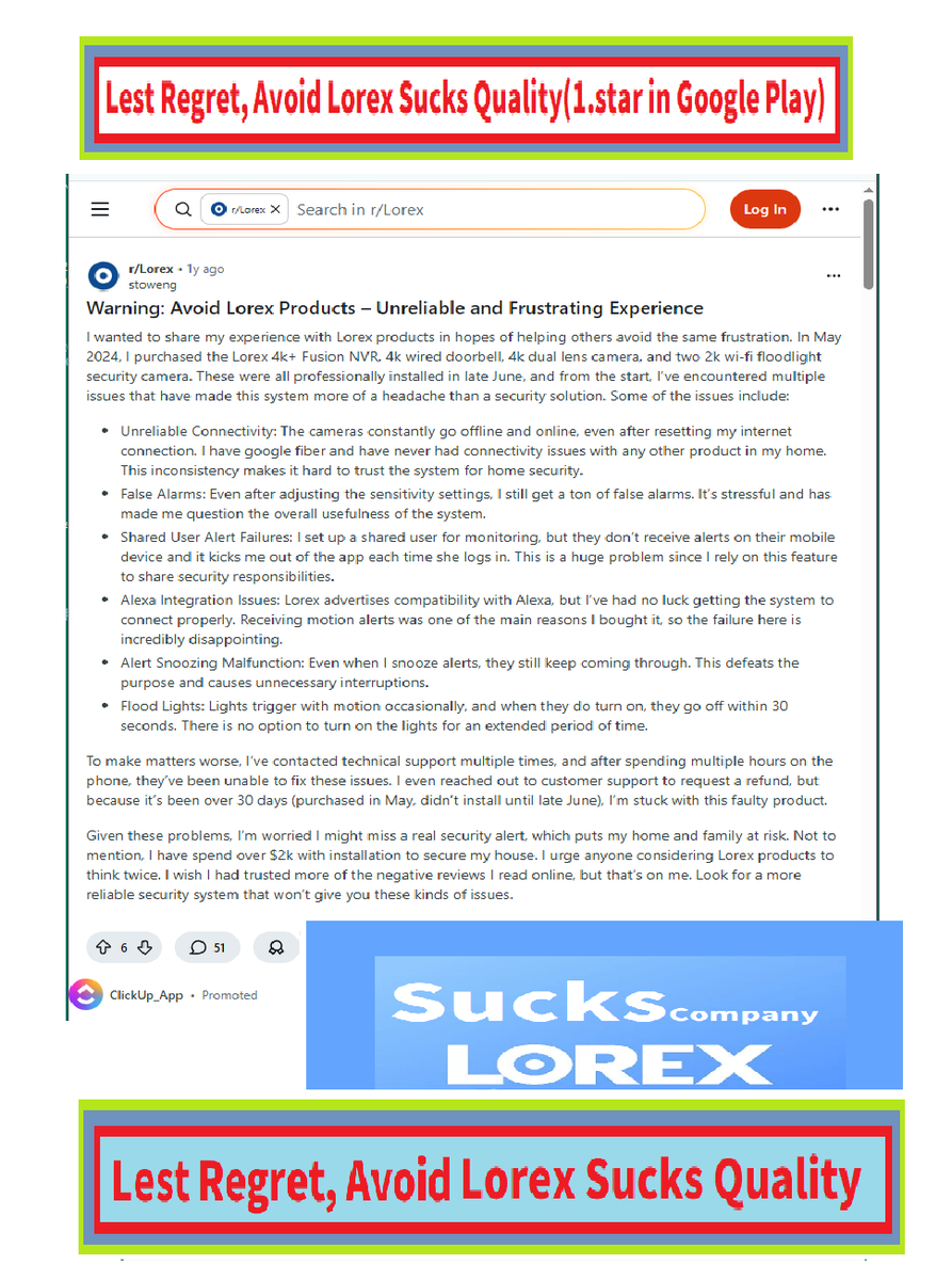 Goolorex's tweet photo. Avoid Lorex due to Bad product [GooglePlay]👎{Laurelle I 19 July 2026 whatever you did with this update suck. you need to fix it. never loads. says its offline all the time. playback freezes. what  ... would. unusable.}🤦‍(Conclusion=>Lorex Sucks Rated)289. 1.2 https://t.co/i1pblYOLtm