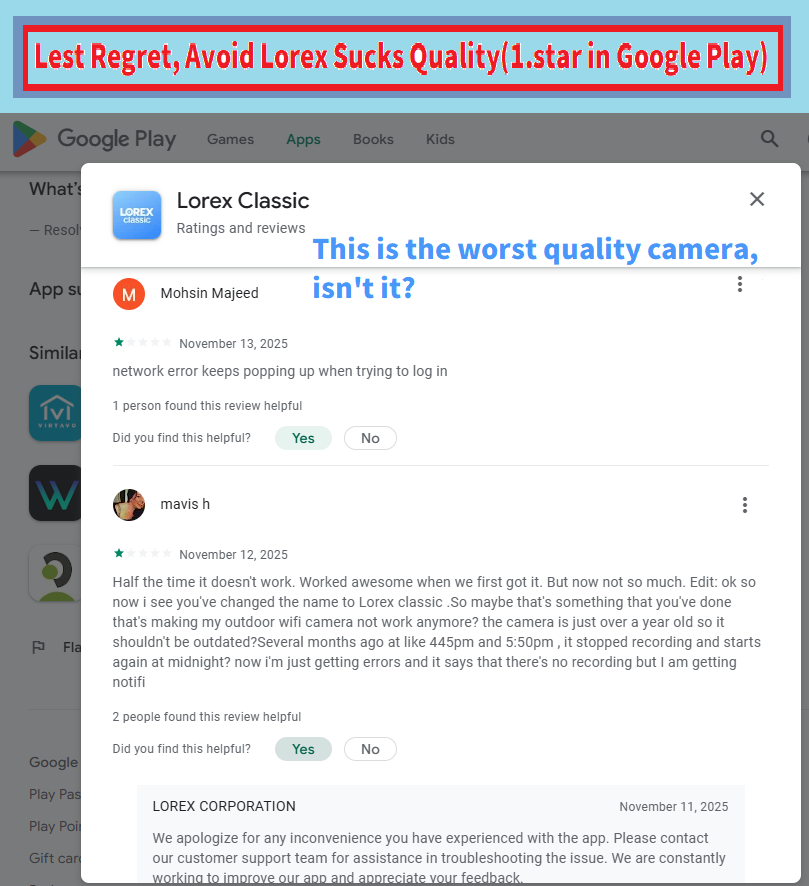 Goolorex's tweet photo. Avoid Lorex due to GooglePlay👎👎{Dev June 8, 2026 This app is horrible. The developers do not have the skills to fix the app. The people paying the developers do not care. Lorex is a worthless com ... makes me cringe.}🤦‍(Conclusion=>Lorex Sucks Rated)264. 1.3 https://t.co/AOe6KUa2ei