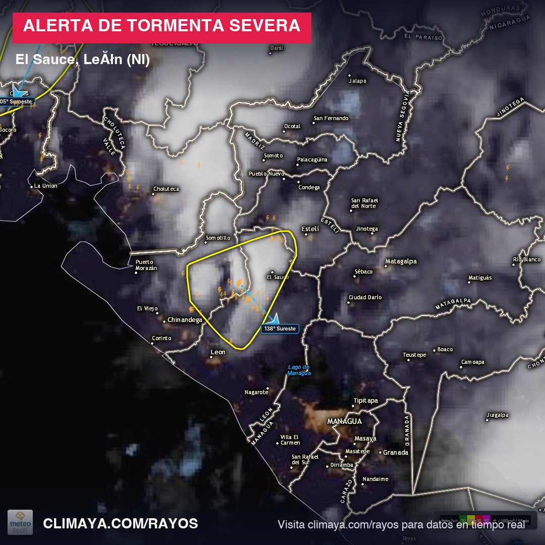 climaya's tweet photo. Tormenta severa en El Sauce, León, Nicaragua: 343 rayos y una densidad de 52.0 por km². Con esa actividad eléctrica encima no hay margen para reaccionar, así que lo prudente es meterse bajo techo y alejarse de árboles y espacios abiertos.

#climaNI https://t.co/bAwHeQ48eF