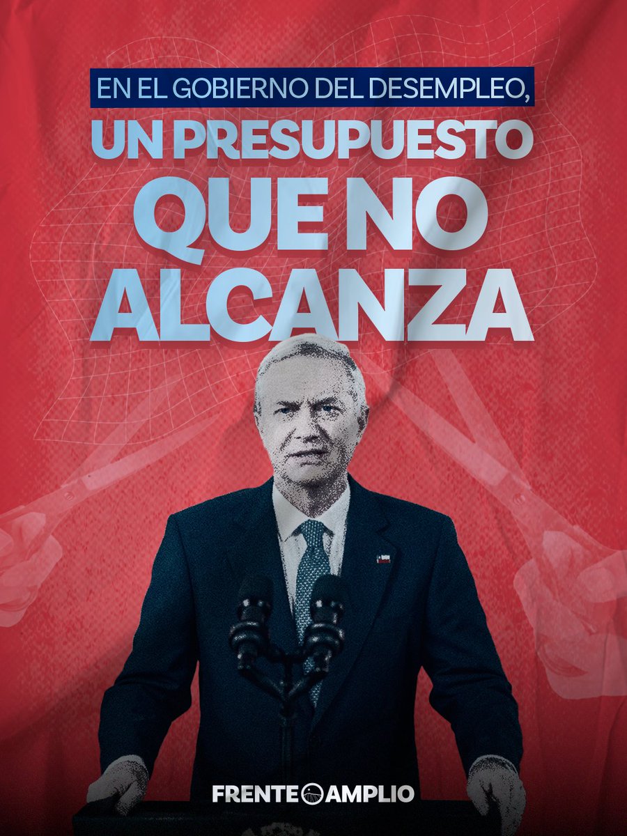 elfrente_amplio's tweet photo. En el Gobierno del Desempleo, un presupuesto que no alcanza.

Con la economía estancada y el desempleo al alza, el Presupuesto 2027 debía estar a la altura de la emergencia. Pero con un crecimiento de apenas 1,5%, el Gobierno promete hacer más sin explicar cómo ni dónde están los recortes.

Después del bencinazo y los recortes que han agravado las dificultades de las familias, presentan un presupuesto insuficiente para enfrentar una crisis que ellos mismos provocaron.

Si van a hacer más con menos, que expliquen: ¿dónde están los recortes?