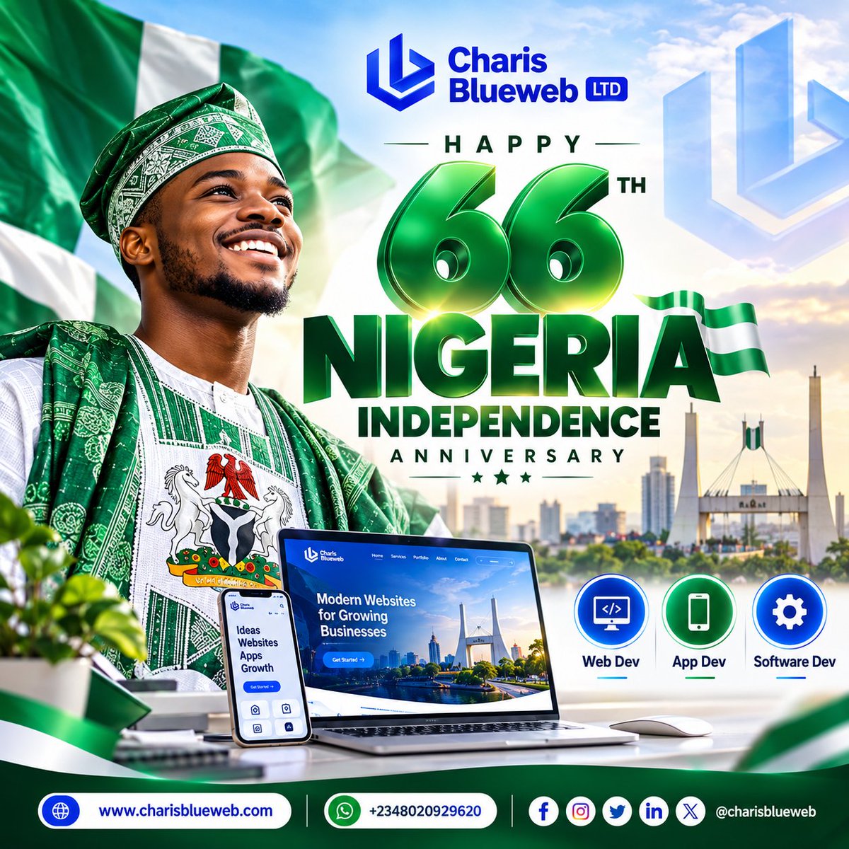 charisblueweb's tweet photo. Happy Independence Day, Nigeria! 🇳🇬

At Charis Blueweb, we create professional websites, mobile apps and software solutions designed to move businesses forward.

#NigeriaAt66 #NigeriaIndependenceDay #IndependenceDay2026 #HappyIndependenceDay #WebDevelopmentNigeria #CharisBlueweb https://t.co/IYdBz2dAyB