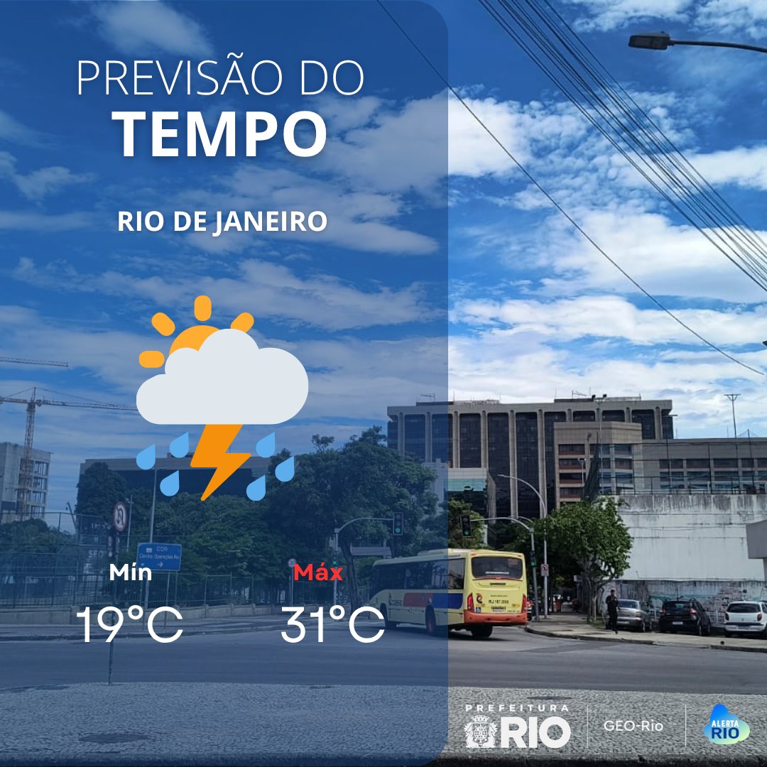 AlertaRio's tweet photo. TEMPO AMANHÃ |  Nesta quinta-feira (1°/10), a previsão é de aumento de nebulosidade com chuvisco/chuva fraca isolada durante a madrugada e a manhã, e a partir da tarde há previsão de pancadas de chuva isoladas, podendo vir acompanhadas de raios. Máxima prevista de 31°C. https://t.co/Vv2wjSbRDj