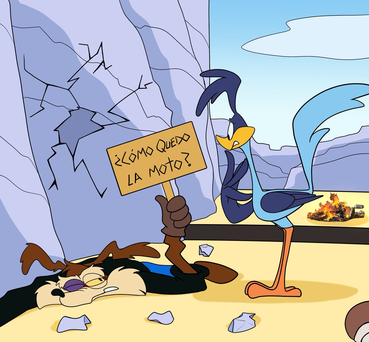 sanchi_comics's tweet photo. Ya, pero la moto esta bien??

(Esto me hizo replantearme seriamente si pintar el comic que por cierto ya ando delineando, pero dentro de 2 semanas aprox recién lo publicare ya que tengo exámenes importantes en 1 semana)
#WileeECoyote #roadrunner #wilerunner https://t.co/X1bGlV4VHo