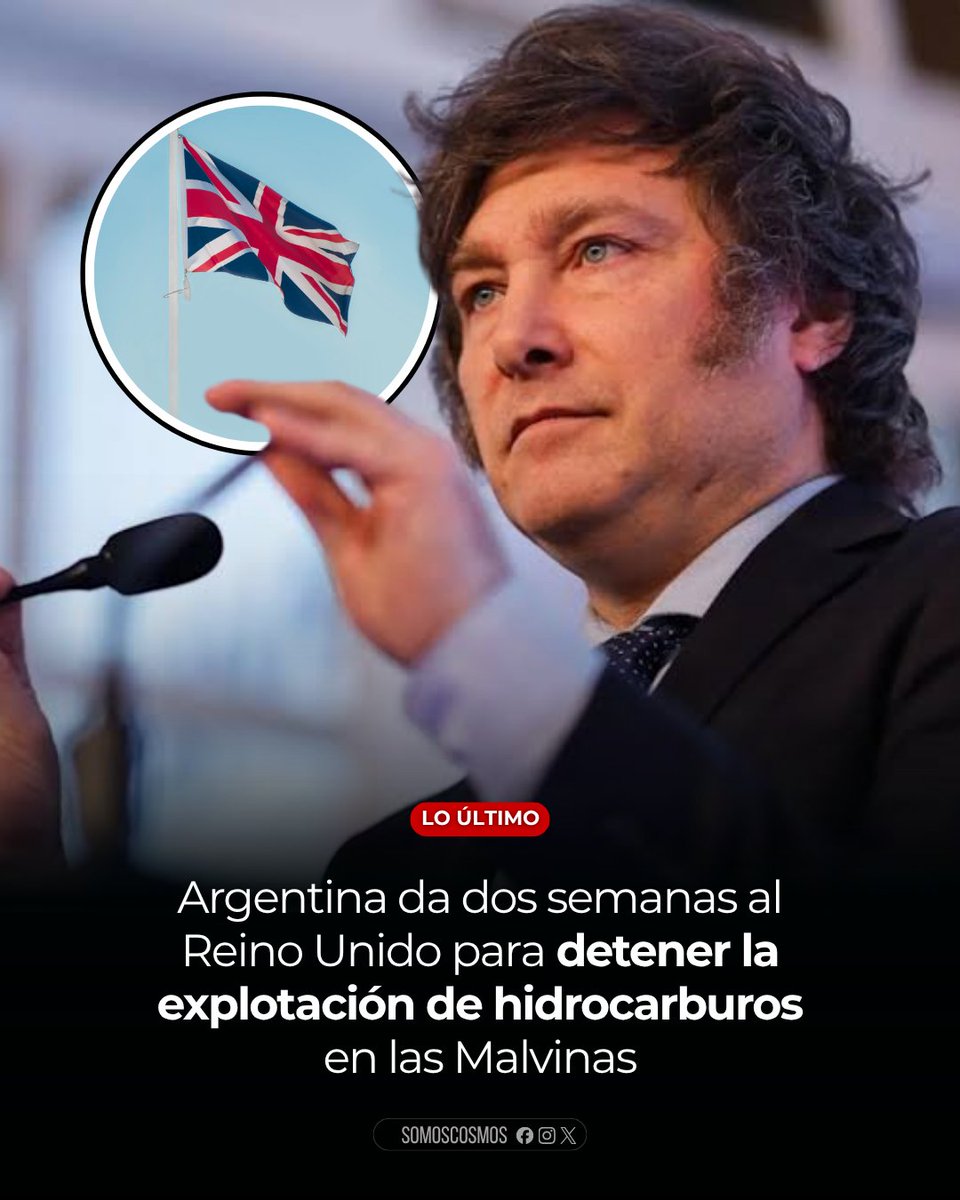 InformaCosmos's tweet photo. 🇦🇷 LO ÚLTIMO: Argentina dio al Reino Unido un plazo de dos semanas para frenar el inicio o la continuidad de la explotación de hidrocarburos en las aguas que reclama como parte de su plataforma continental, incluido el proyecto Sea Lion en la Cuenca Malvinas Norte.

El Gobierno de Javier Milei advirtió que, si no hay cumplimiento, recurrirá al Tribunal Internacional del Derecho del Mar y continuará el proceso arbitral internacional.

El Reino Unido rechazó el planteo argentino y defendió el desarrollo de los recursos de las islas. La producción de Sea Lion está prevista para 2028.

El plazo comenzó a correr el 28 de septiembre.