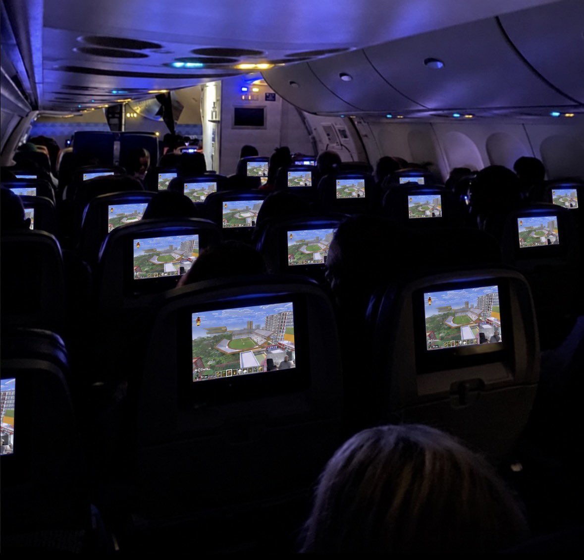 futtywap's tweet photo. Everyone on my flight is currently watching the Mike Tomlin Minecraft stream https://t.co/IScg6GoE4E