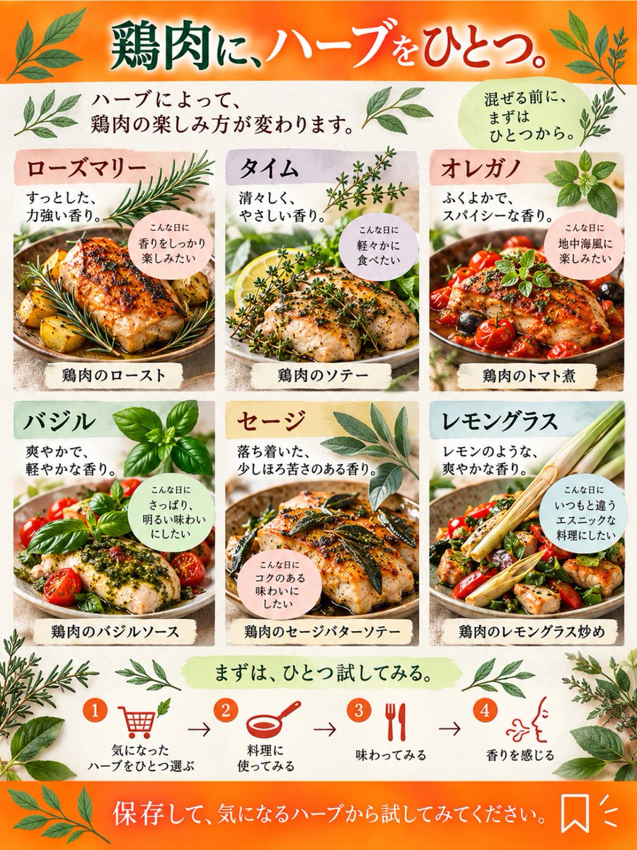 odaherbs's tweet photo. 鶏肉に、ハーブをひとつ。
ハーブによって、
 鶏肉の楽しみ方が変わります。

お店に行くと、

ローズマリー。
 タイム。
 オレガノ。
 バジル。
 セージ。

いろいろなハーブが並んでいます。

気になるけれど、
「これ、何に使えばいいんだろう？」
そう思うこともありますよね。

レシピを見ると、
 いくつものハーブを組み合わせていることもあります。

でも、
それぞれのハーブには、
 それぞれの香りや個性があります。

そこで今回は、
鶏肉に、ひとつのハーブ。
ハーブを混ぜる前に、
 ひとつずつ試してみます。

まずは、タイム。

清々しく、
 少し繊細な香り。

「軽やかな香りで、
 いつもの鶏肉を楽しみたい」
そんなときに。

鶏肉に塩をして、
 タイムを添えて焼く。

シンプルなソテーでも、
 タイムの香りがふわっと広がります。

トマトと合わせるなら、オレガノ。

ふくよかで、
 少しスパイシーな香り。

「いつもの鶏肉を、
 地中海風にしてみたい」
そんなときに。

鶏肉を焼いて、
 トマトと合わせる。

オレガノを加えるだけで、
 いつもの鶏肉とは違う表情になります。

香ばしく焼きたいなら、ローズマリー。

すっとした、
 力強い香り。

「香りをしっかり楽しみたい」
そんなときに。

鶏肉とじゃがいもを一緒に焼けば、
 ローズマリーの香りが
 食材にじっくり移ります。

爽やかに楽しむなら、バジル。

青々しく、
 軽やかな香り。

「さっぱり、明るい味わいにしたい」
そんなときに。

鶏肉を焼いて、
 トマトとバジルを合わせる。
いつもの鶏肉が、
 ぐっと爽やかな一皿になります。

少し深みを出したいなら、セージ。

落ち着いた、
 少しほろ苦さのある香り。

「いつもの鶏肉を、
 少し大人っぽくしたい」
そんなときに。

鶏肉を焼きながら
 セージの香りを移してみる。
シンプルな料理だからこそ、
 香りの違いが分かります。

いつもと違う香りなら、レモングラス。

レモンのような、
 爽やかでエスニックな香り。

「いつもの鶏肉を、
 少し違う料理にしてみたい」
そんなときに。

鶏肉と一緒に炒めたり、
 香りを移してみる。

それだけで、
 いつもの食卓に
 違う風が入ります。

同じ鶏肉でも、
タイムなら、軽やかに。

 オレガノなら、地中海風に。

 ローズマリーなら、香ばしく。

 バジルなら、爽やかに。

 セージなら、深みを。

 レモングラスなら、エスニックに。

合わせるハーブが変わると、
 料理の印象も変わります。

だから、
 最初から何種類も揃えなくてもいい。

スーパーで気になった
 ドライハーブを、まずひとつ。

そして、
 そのハーブに合いそうな料理を
 ひとつ試してみる。

ハーブを混ぜる前に、
 ひとつのハーブを試す。

料理に使ってみる。

 味わってみる。

 香りを感じる。

そうすると、
 今まで「名前しか知らなかった植物」が、
 少し身近なものになってきます。

ハーブは、
 特別な料理のためだけにあるものではありません。

いつもの鶏肉に、
 ひとつの植物を加えてみる。

そこから、
 植物との付き合いが、
 さらに深まるかもしれません。