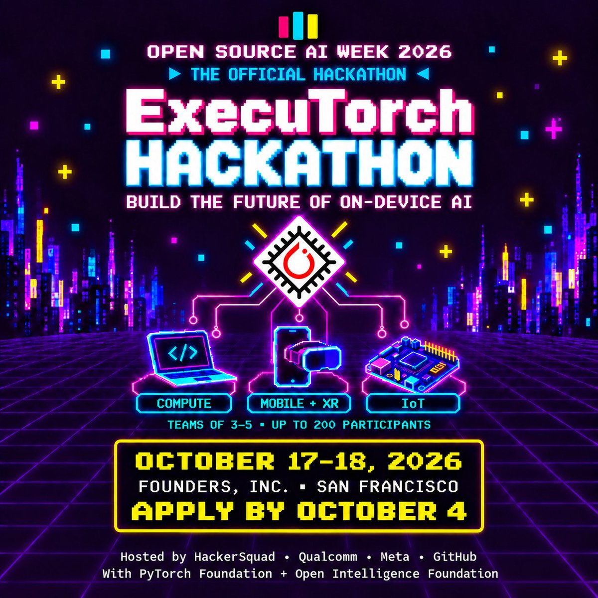 open_intel_fdn's tweet photo. Bring your ideas. We’ll bring the hardware.

Two days to build with open models, on-device inference, and real devices at the ExecuTorch Hackathon—part of Open Source AI Week.

📅 October 17–18 · Founders, Inc., SF
⏳ Project proposals due October 4

Form a team of 3–5, build with @Executorch, and help shape the future of open-source, on-device AI.

🏆 Prizes include Meta AI glasses and Arduino UNO Q boards.

Apply → https://t.co/lWOCGOqZ7C

With @hackersquadio @Meta @Qualcomm @github @fdotinc

#OpenSourceAIWeek #OpenIntelligence