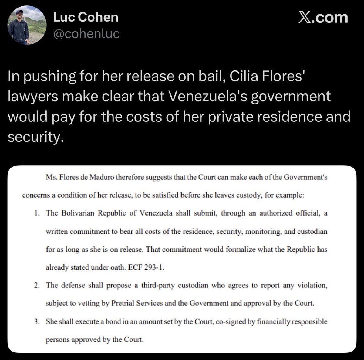 AndrewsAbreu's tweet photo. #AHORA Los abogados de Cilia Flores propusieron ante el tribunal que, si se le concede la libertad, Venezuela asuma los gastos de su residencia privada, seguridad, monitoreo y custodia.

La propuesta fue revelada por el periodista @cohenluc, quien citó un documento judicial. https://t.co/j6NRWeZ7NZ