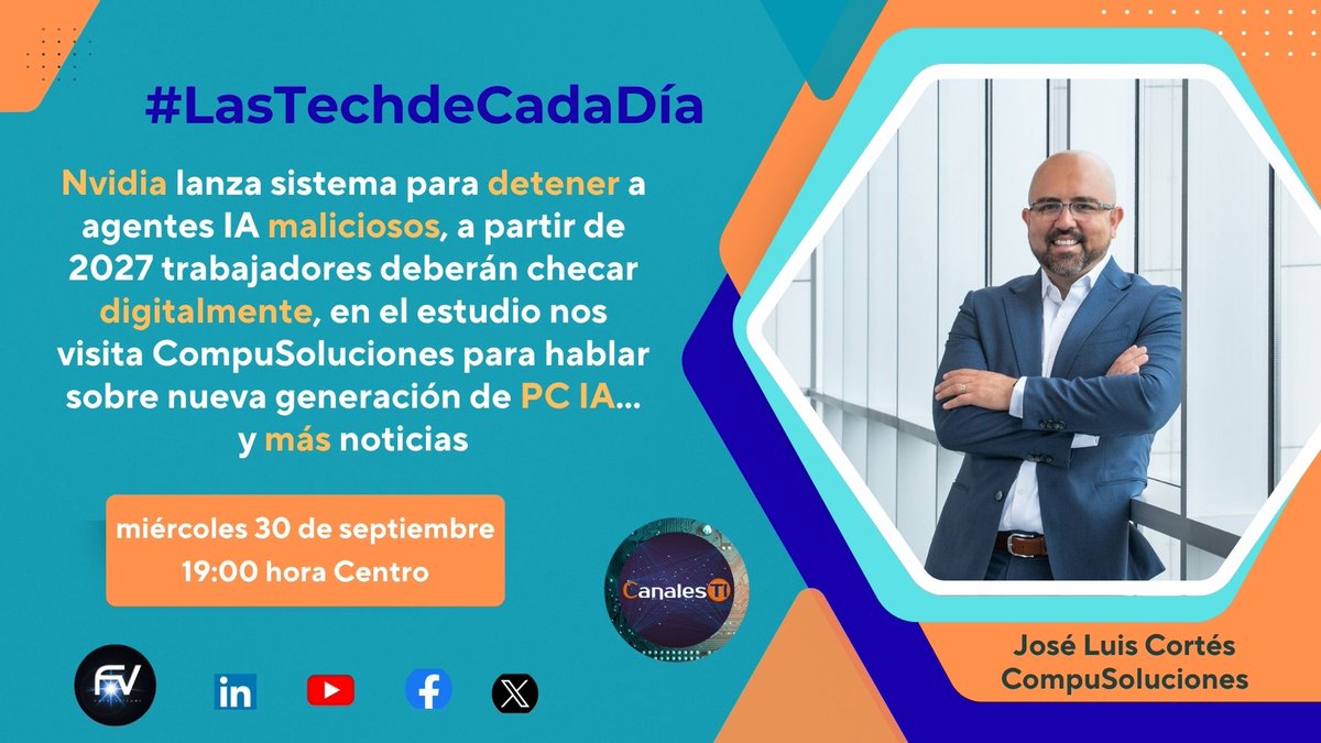 CanalesTIMx's tweet photo. Nvidia lanza sistema para detener a agentes IA maliciosos, a partir de 2027 trabajadores deberán checar digitalmente, en el estudio nos visita CompuSoluciones para hablar sobre nueva generación de PC IA, y más noticias en las #techdecadadía
Sigue la transmisión aquí… 👇 https://t.co/vHTgwI1CYf
