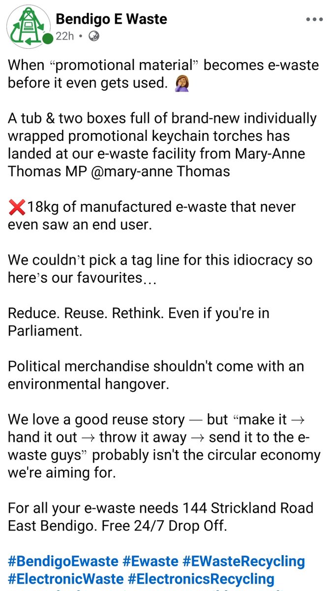 protect_the_CFA's tweet photo. Check this out...retiring Labor MP @MaryAnneThomas dumped thousands of brand new, novelty key chain torches with her name on it at a Bendigo e-waste business, and the business owners call it out: #SpringSt #LaborWaste https://t.co/hlAeWtmjl6