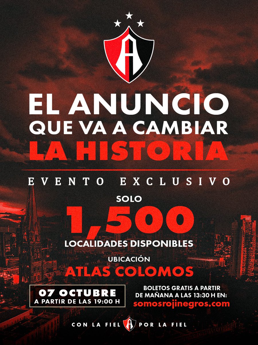 AtlasFC's tweet photo. Algo grande está por escribirse… 👀

Nos vemos el próximo miércoles en Atlas Colomos, Fiel. ❤️🖤

🎟️ 1,500 lugares disponibles. Consigue tu acceso GRATIS a partir de mañana a las 13:30 H en https://t.co/OHATF6nIKQ

#ParaLaFielPorLaFielYConLaFiel https://t.co/LY8zQslRik