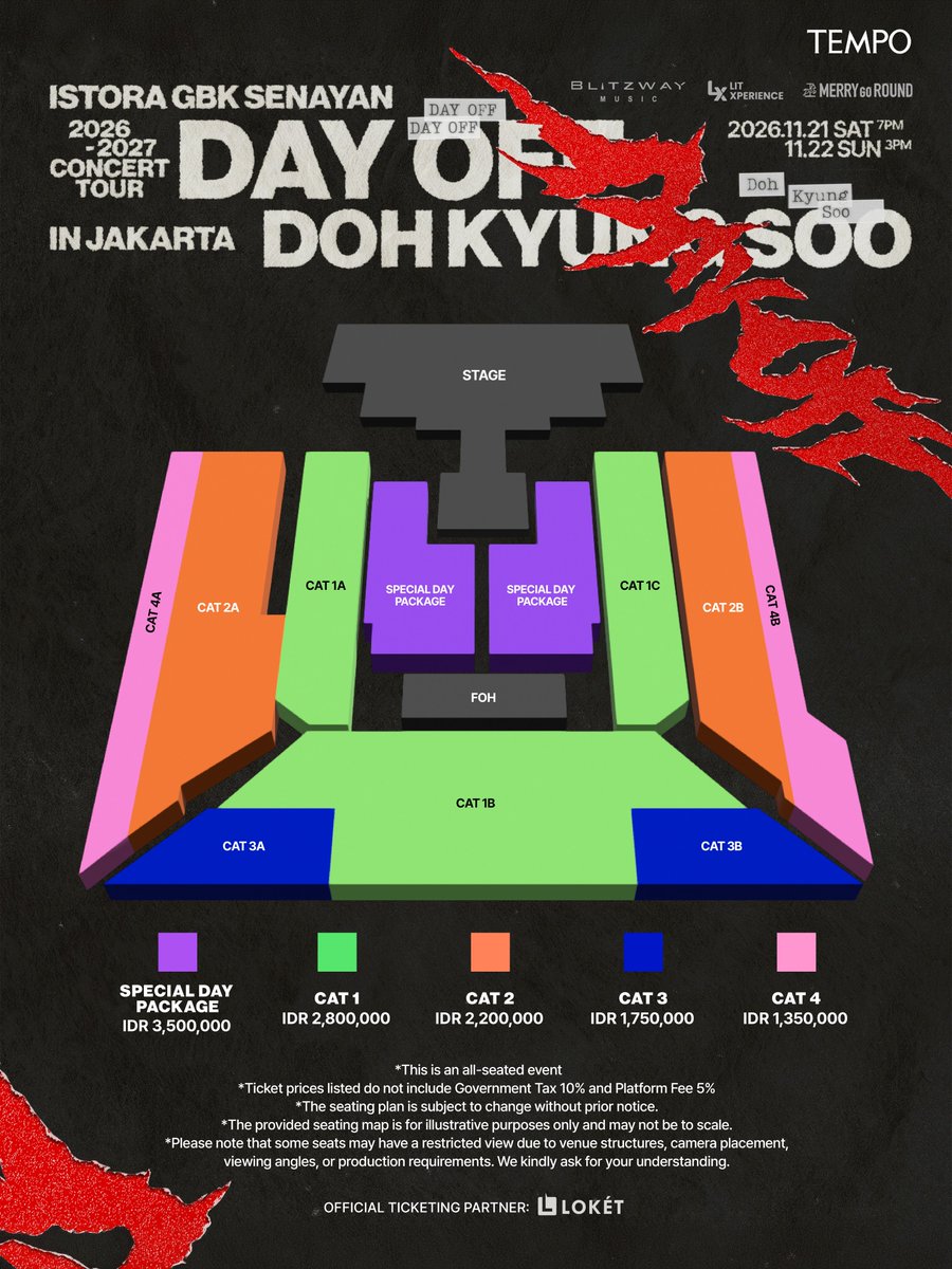 tempodotco's tweet photo. The wait is over! ✨

Here is the official seat plan for DOH KYUNG SOO in JAKARTA! ❤️

Get ready to choose your spot and enjoy the show with DOH KYUNG SOO!

📍 ISTORA GBK SENAYAN
📅 21 November 2026 (7PM WIB)
📅 22 November 2026 (3PM WIB)

General Sale
🎟️ 3 October 2026
⏰ 10:00 AM WIB

Tickets will be available via: https://t.co/vxFVHgwTag
🔗 https://t.co/uvzIGFRcFQ

Swipe through for details on the seat plan, ticket categories, prices, and exclusive fan benefits! 

⚠️ All ticket purchases must be made through the official ticketing partner. Any transactions outside the authorized platform are not under the promoter's responsibility.

See you! ✨

#도경수
#DOHKYUNGSOO
#DOHKYUNGSOOJAKARTA
#DAY_OFF
#DAYOFFINJAKARTA
#LITXPERIENCE