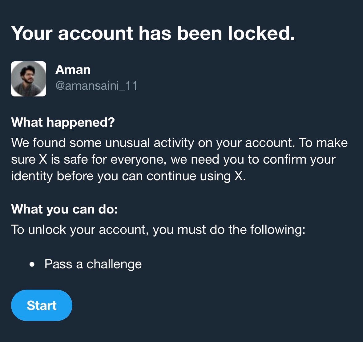 amansaini_11's tweet photo. My Account got locked out of nowhere.
I just liked a post that’s it. What is this @X ? 
Is liking someone’s post an unusual activity? https://t.co/nLveuYjiil
