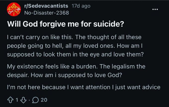 EricRSammons's tweet photo. I've always been sympathetic to those who, due to the vast confusion and scandal that's come out of Rome in recent decades, have been tempted to believe there might not be a pope.

But the reason I'm so strongly opposed to sedevacantism (besides it being wrong and faithless) is that it's full of people with real mental issues—and it fosters those mental issues.

Pray that all sedevacantists would leave that destructive movement and find peace in Christ and His Church.