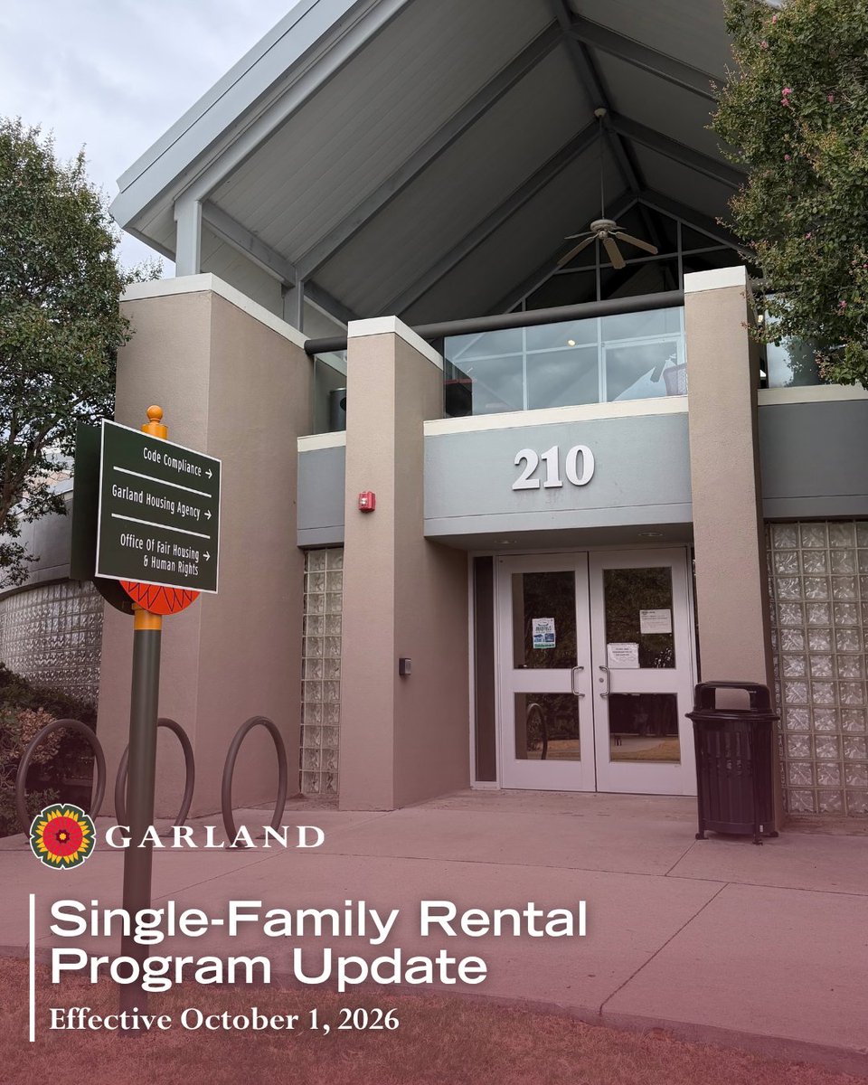 garlandtxgov's tweet photo. Beginning Oct. 1, 2026, the City of Garland will implement changes to the Single-Family Rental Program. The annual single-family rental permit renewal fee will increase from $65 to $250. The Certified Landlord Program will be discontinued. Learn more: https://t.co/EZglx0y8oS. https://t.co/zCEDzPGvoC