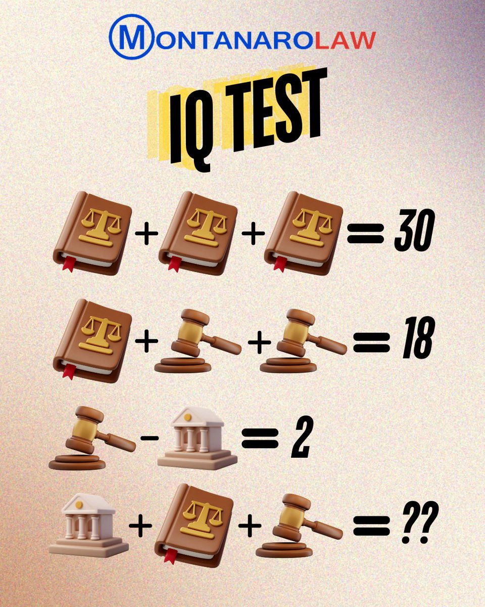 montanarolaw's tweet photo. Crack the code? Let MontanaroLaw crack your legal challenges. Contact us now! #LegalPuzzle #IQTest #LawyersLife #LegalMind #MontanaroLaw #LegalChallenge #SmartLawyer #LegalBrainTeaser #LegalMath #SolveTheRiddle #LawFirm
(516)203-1700
https://t.co/EiiUCETY0c
info@montanarolaw.com https://t.co/3E0mXL2yB1