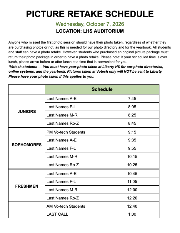 LibertyHigh's tweet photo. Need a retake or missed original photo day? Picture retakes will take place on Wednesday, October 7, 2026, in the LHS Auditorium. https://t.co/QGJ7Tl3uYr