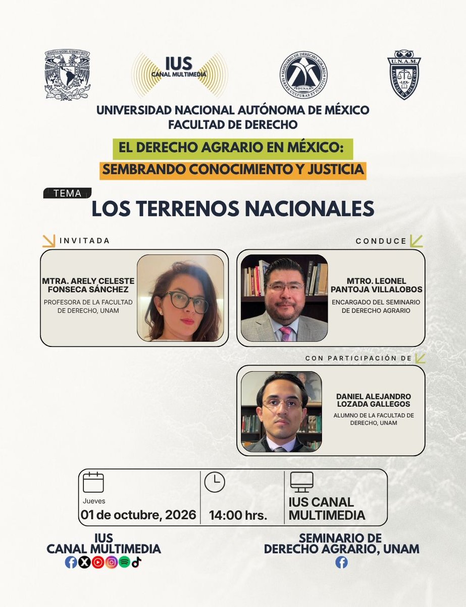 IUSCanalM's tweet photo. Hay tierras que no son ejidos ni propiedad privada… entonces, ¿qué son? 👀🌱
En #DerechoAgrarioEnMéxico hablamos sobre los terrenos nacionales y su régimen jurídico.
📅 Jueves 1 | 14:00 h
🌐 https://t.co/1bKyLeZNzI
#TerrenosNacionales #DerechoAgrario #IUS https://t.co/srT9cCXrZ8