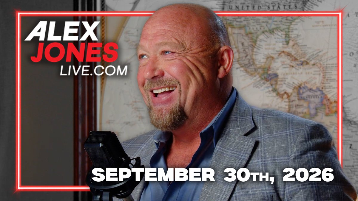A bald, bearded man in a gray plaid blazer smiles broadly into a black microphone, standing before a vintage map of the United States. Bold text overlays read "ALEX JONES LIVE.COM" in the upper left and "SEPTEMBER 30TH, 2026" across the bottom, framed by a red neon border promoting the full show episode.