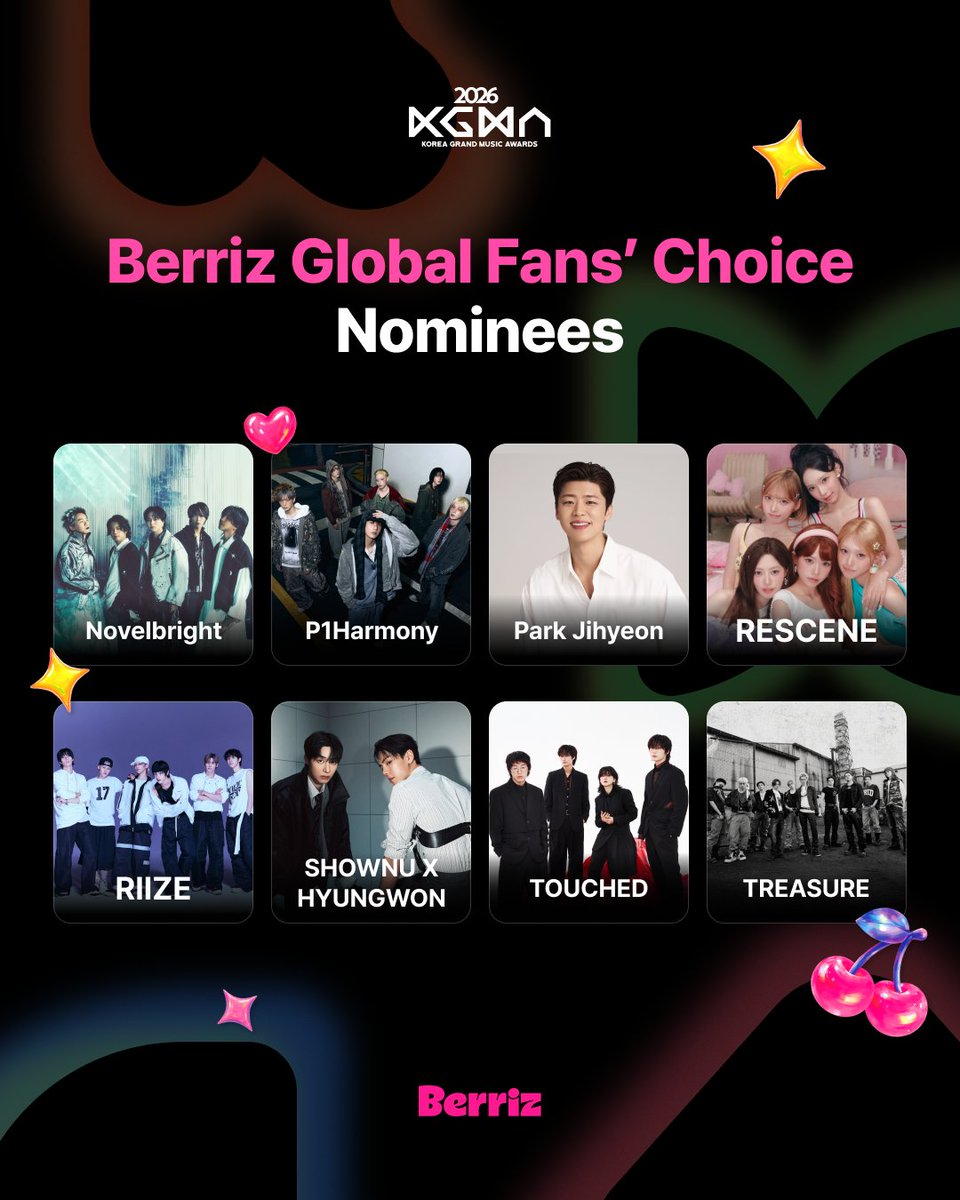 berriz_official's tweet photo. [📢] 2026 KGMA - Berriz Global Fans’ Choice Nominees Revealed 🏆
Meet the 40 nominees awaiting your votes!

🍒 Join the Berriz “K-Pop Square” Community
🗳️ Cast your daily vote for your favorite artist!

📍 Voting Period
Oct 6, 2026 (Tue) – Oct 19, 2026 (Mon)
🔗 https://t.co/Ksmo2ji6ek

*This vote is available exclusively on Berriz.