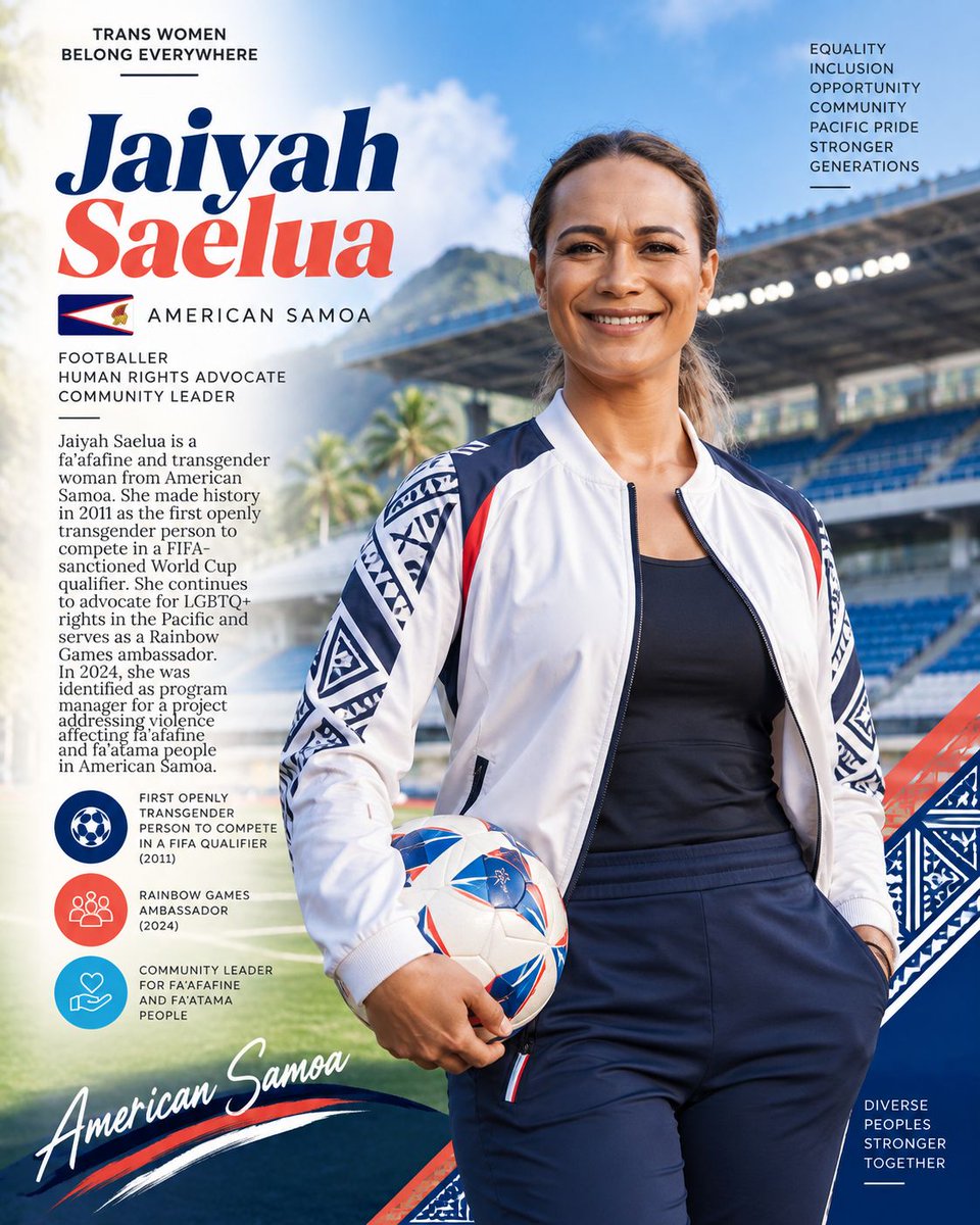 transwomenclub's tweet photo. Jaiyah Saelua is a fa’afafine and trans woman from American Samoa. In 2011, she became the first openly trans person to compete in a FIFA-sanctioned World Cup qualifier.

#JaiyahSaelua #AmericanSamoa #TransVisibility https://t.co/nflKW68I1G