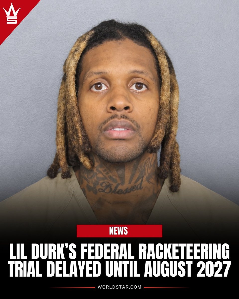 WORLDSTAR's tweet photo. #NEWS: Lil Durk’s second federal trial has been pushed back to August 30, 2027. The rapper’s separate racketeering case was previously scheduled for October 5, 2026. His next court appearance is set for November 4 for a bond hearing. https://t.co/lgdSPcLCF6