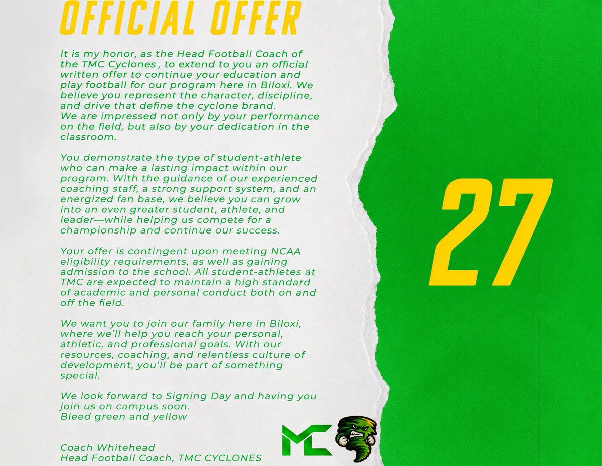 ChanceHoward42's tweet photo. After a long talk with Coach Whitehead, I'm blessed to receive my first official offer from Mississippi College Thank you to Coach Whitehead and the entire TMC Cyclones staff for believing in me and giving me this opportunity @OHSFOOTBALL_20 @_coachmiller34
@COACHBOLLING https://t.co/aEYOUJhcOy