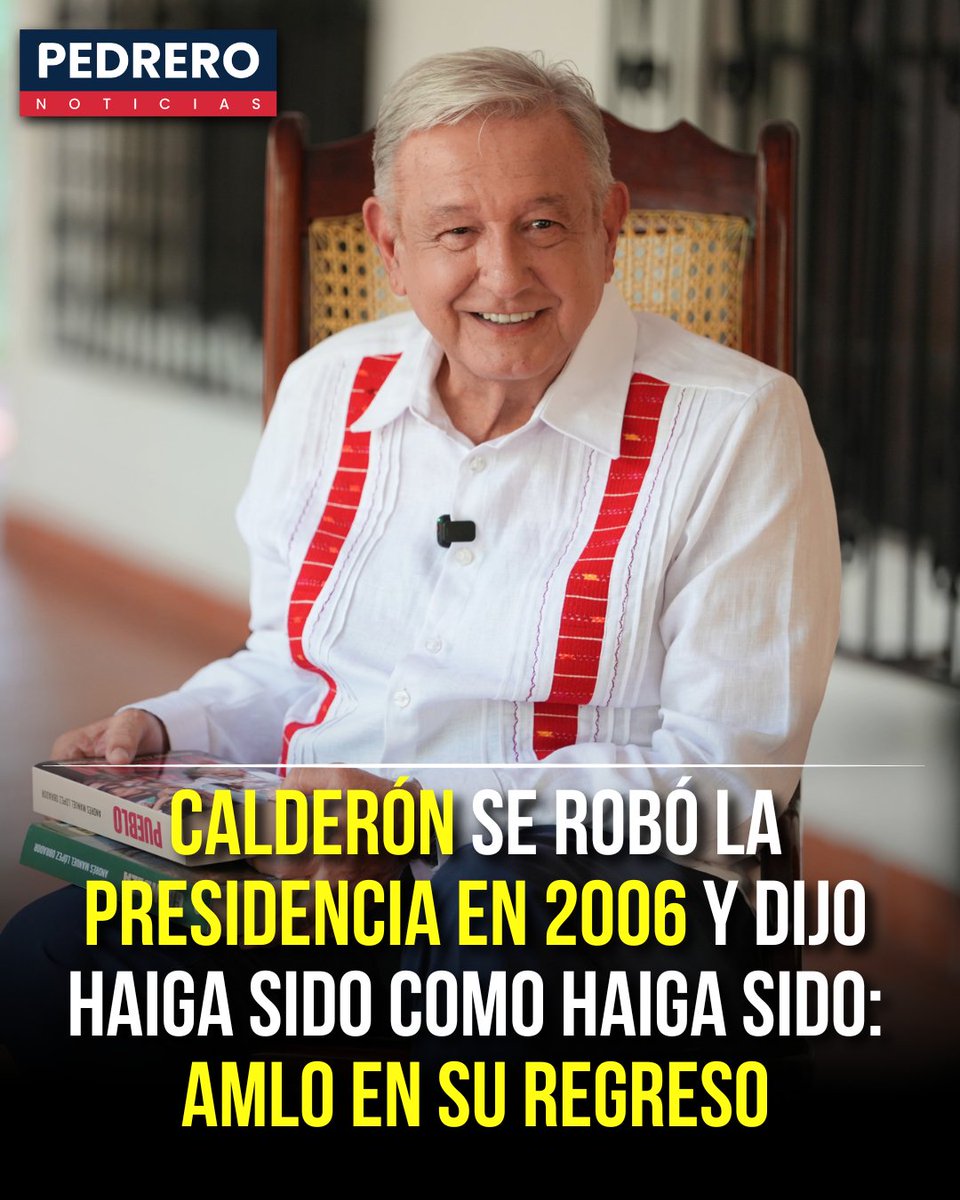 YosoyPedrero's tweet photo. 🚨OJO: CALDERÓN SE ROBÓ LA PRESIDENCIA EN 2006 Y DIJO HAIGA SIDO COMO HAIGA SIDO: AMLO EN SU REGRESO

Andrés Manuel López Obrador reapareció públicamente este 30 de septiembre con la presentación de su nuevo libro, Pueblo, con el que retoma su análisis de la historia política de México y desarrolla su propuesta del llamado “Humanismo Mexicano”. El expresidente había mantenido un perfil público reducido desde que dejó la Presidencia en 2024.

En la obra, López Obrador aborda distintos episodios políticos y vuelve sobre la elección presidencial de 2006, cuando compitió contra Felipe Calderón. El resultado oficial dio el triunfo al panista por apenas 0.58% de los votos, una diferencia de alrededor de 234 mil sufragios.

Aquella elección fue denunciada por López Obrador como fraudulenta y dio paso a una prolongada disputa sobre la legitimidad del resultado. Calderón asumió la Presidencia en diciembre de 2006, mientras el conflicto electoral se convirtió en uno de los episodios más polémicos de la política mexicana reciente.

Con Pueblo, el exmandatario vuelve a colocar ese episodio en el debate público y cuestiona nuevamente el proceso que llevó a Calderón a Los Pinos. La reaparición de López Obrador ocurre además con una obra en la que busca dejar por escrito su interpretación de los principales acontecimientos políticos que marcaron su trayectoria.
