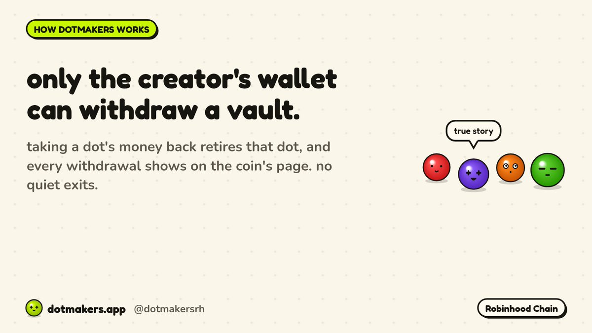 Dotmakersrh's tweet photo. vault keys belong to one wallet: the creator's.

pull a dot's money back and that dot clocks out for good. retirement party is public too, every withdrawal posts on the coin's page.

no quiet exits, no sneaking out the back door.

https://t.co/cFfUKI2flE https://t.co/ZpzcMtIhe8