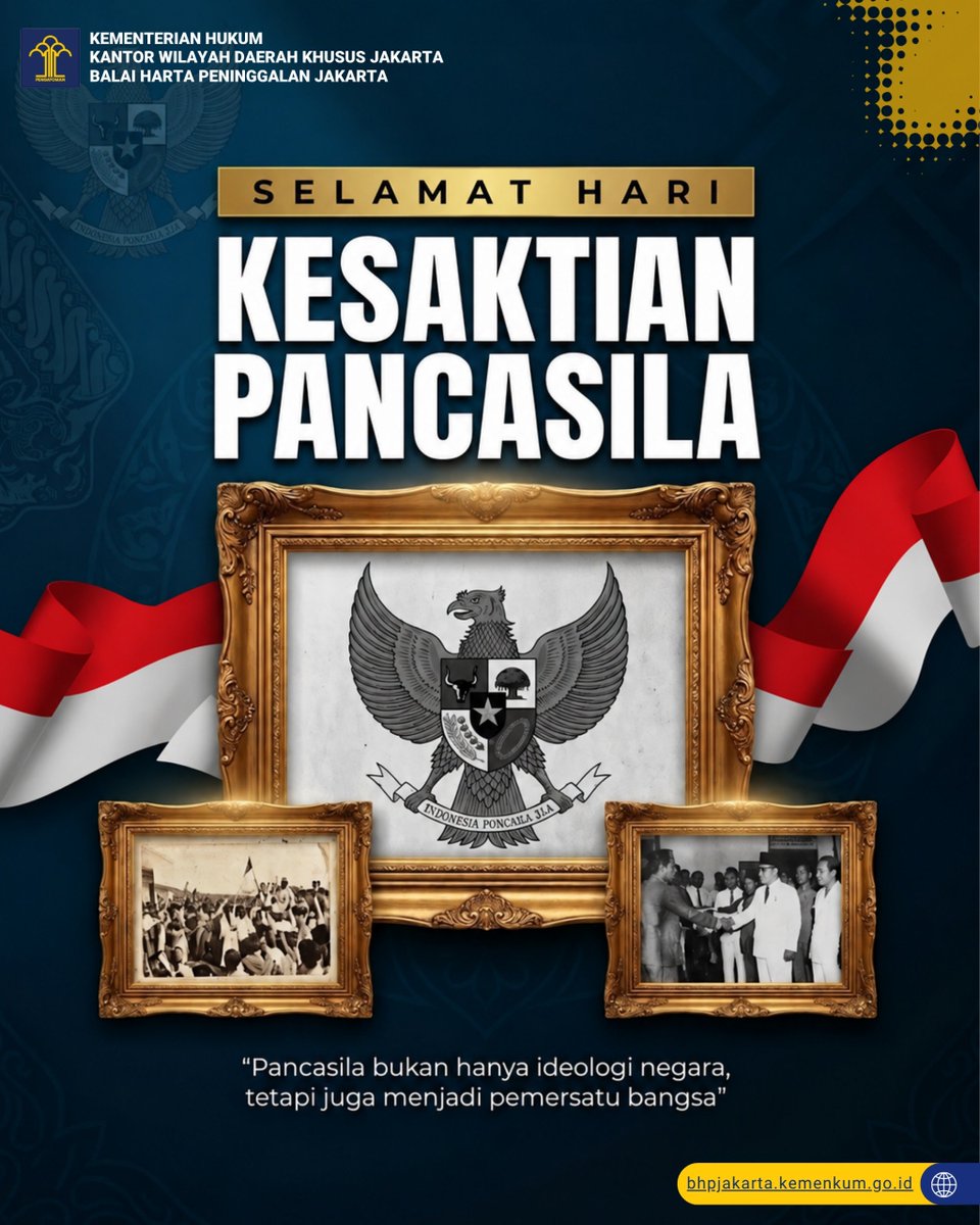 JakartaBhp's tweet photo. Sahabat Pengayoman,
Pancasila bukan hanya sekadar ideologi negara, tetapi juga menjadi pemersatu bangsa yang merekatkan keragaman di bumi pertiwi.

Melalui peringatan Hari Kesaktian Pancasila ini, mari kita jadikan nilai-nilai luhur Pancasila sebagai pedoman dalam memperkuat persatuan, integritas, dan semangat pengabdian kepada masyarakat, bangsa, dan negara.

BHP Jakarta berkomitmen untuk terus mengamalkan nilai-nilai Pancasila dalam memberikan pelayanan hukum yang berkeadilan dan berintegritas.

Menurut Sahabat, cara paling sederhana untuk mengamalkan nilai Pancasila di lingkungan sekitar kita saat ini seperti apa sih? Ceritain, yuk!👇

#KementerianHukum
#LayananHukumMakinMudah
#KemenkumDKJakarta