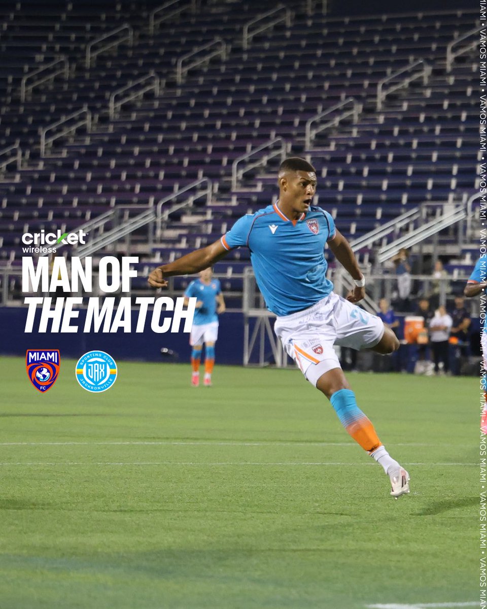 TheMiamiFC's tweet photo. MAN OF THE MATCH: CARLOS MILANรS. ๐ฆโญ๏ธ
Two goals and a huge performance at home. A night to remember. ๐ฅโฝ๏ธ
#VamosMiami | #MIAvJAX https://t.co/abKDk9O7WG