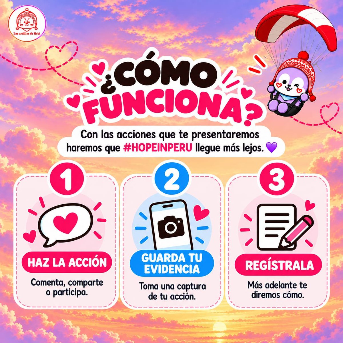 ardillasdehobi's tweet photo. 💜 ¡YA ESTÁ AQUÍ LA DINÁMICA DE #HOPEINPERU !🇵🇪

ARMY, ahora sí: desliza el carrusel y descubre cómo participar.

La dinámica tendrá tres momentos:
☁️ ANTES DEL VUELO — cuenta regresiva
✈️ DURANTE EL VUELO — hagamos mucho ruido
💌 DESPUÉS DEL VUELO — hasta que el mensaje llegue + https://t.co/vDJfYz1wCo