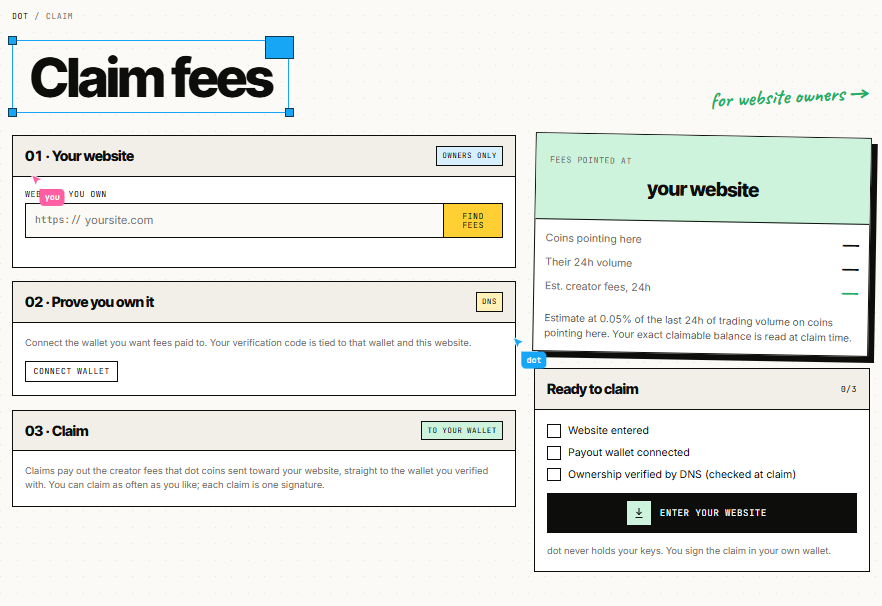 dotfeesxyz's tweet photo. Own a website? There might be fees waiting for you.

Claim fees on dot.

Enter your domain
Add one DNS TXT record — no nameserver changes
See every coin launched for your site and the fees it has earned, read live from Solana

Minimum to claim: 0.25 SOL. https://t.co/5WJcMIxWjJ